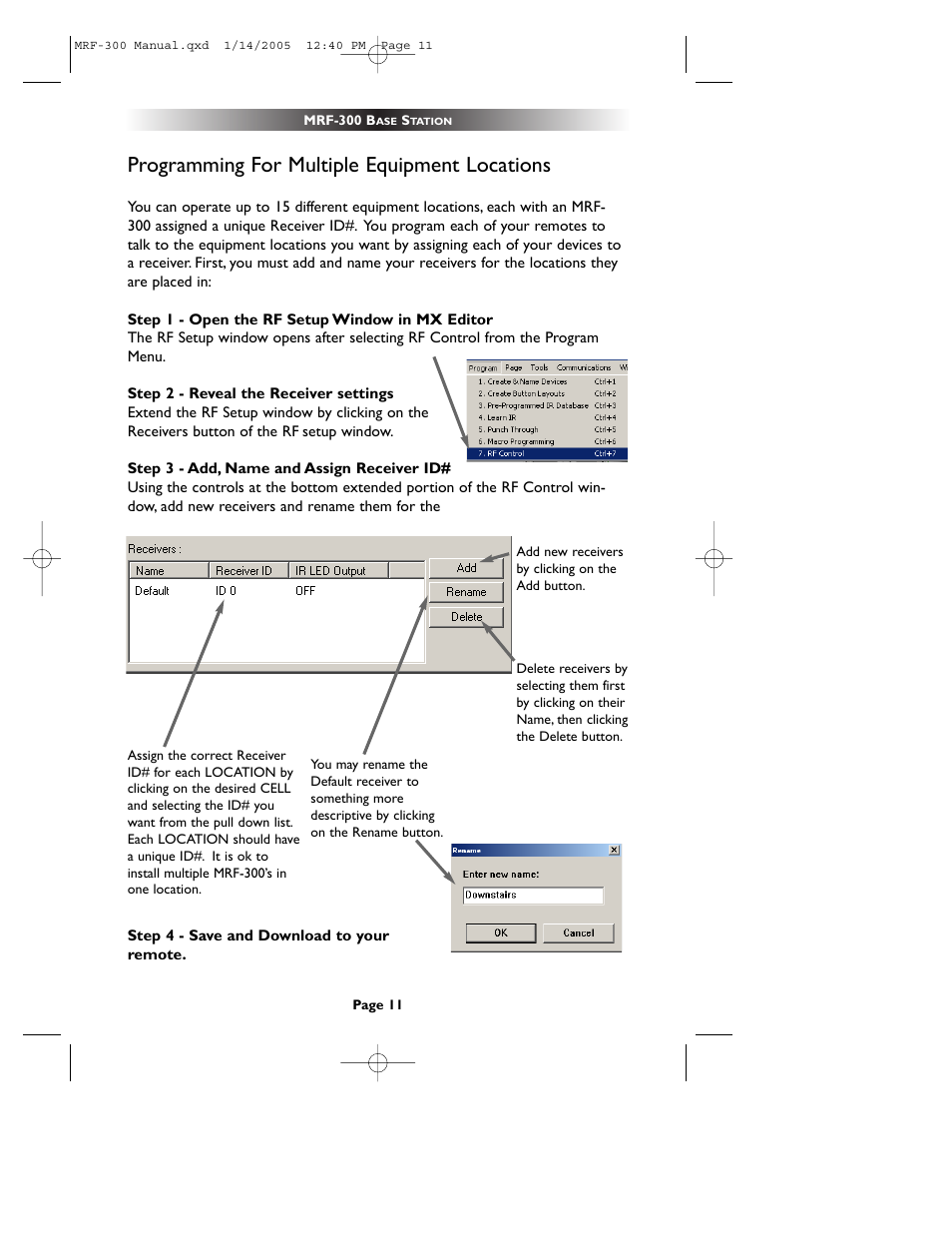 Programming for multiple equ, Programming for multiple equipment locations | Universal Remote Control (URS) RFX150 User Manual | Page 14 / 16