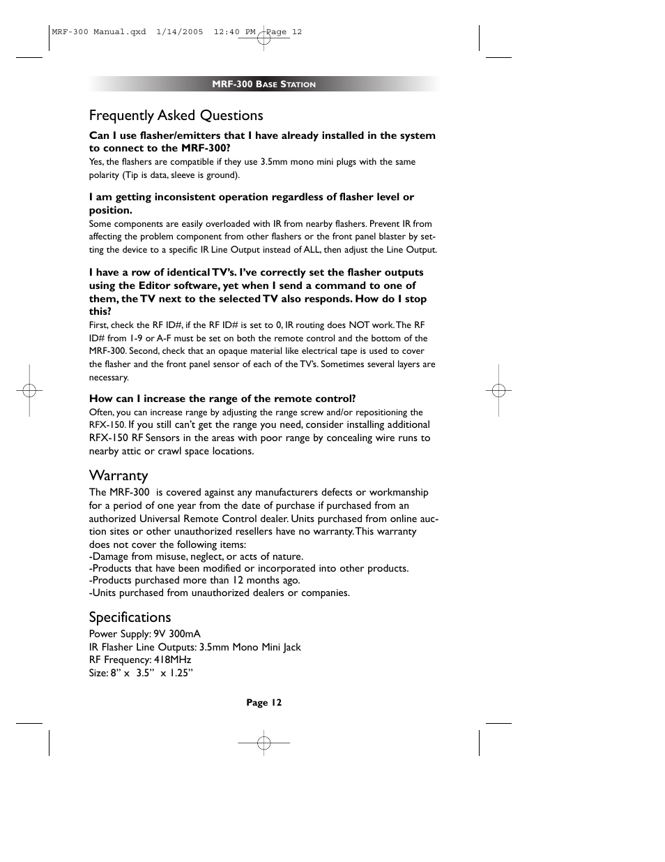 Frequently asked questions, Warranty, Specifications | Universal Remote Control (URS) RFX150 User Manual | Page 15 / 16