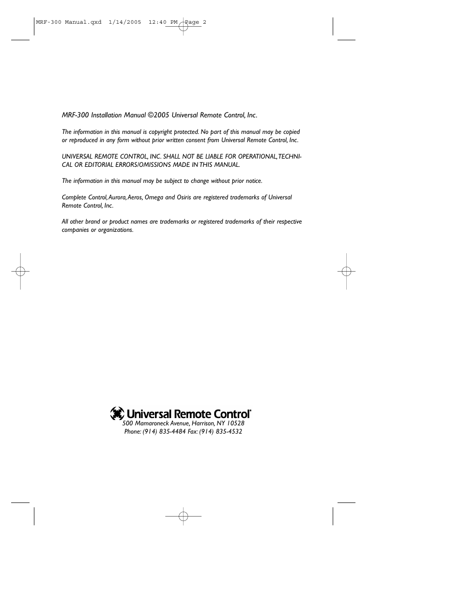 Universal Remote Control (URS) RFX150 User Manual | Page 2 / 16