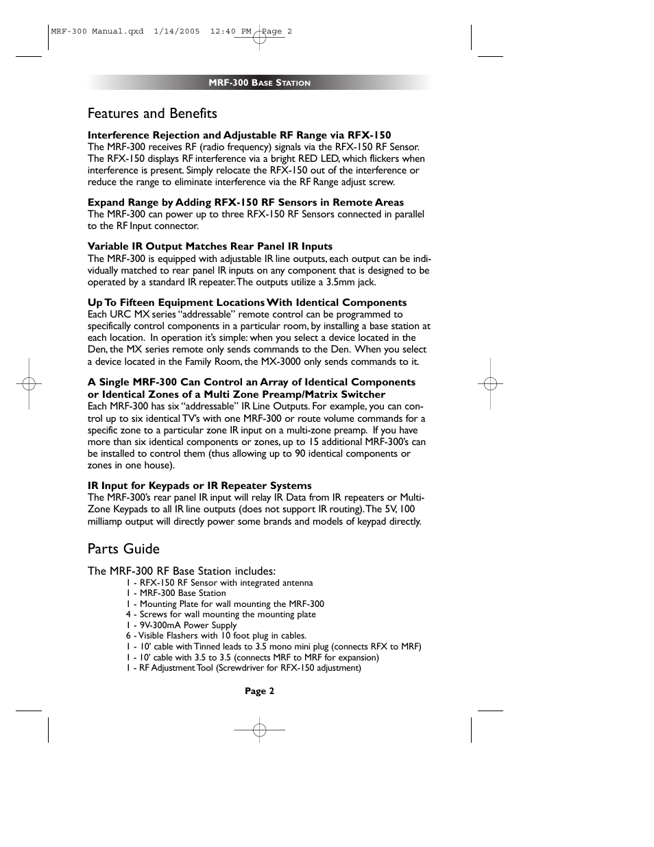 Features and benefits, Parts guide | Universal Remote Control (URS) RFX150 User Manual | Page 5 / 16