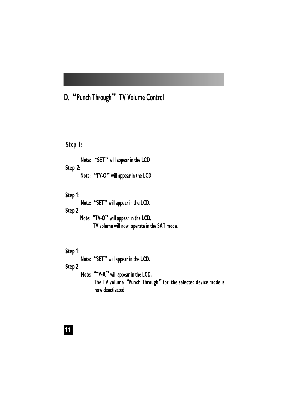 Advanced features ( continued ), D. punch through tv volume control | Universal Remote Control (URS) SL-7000 User Manual | Page 11 / 45