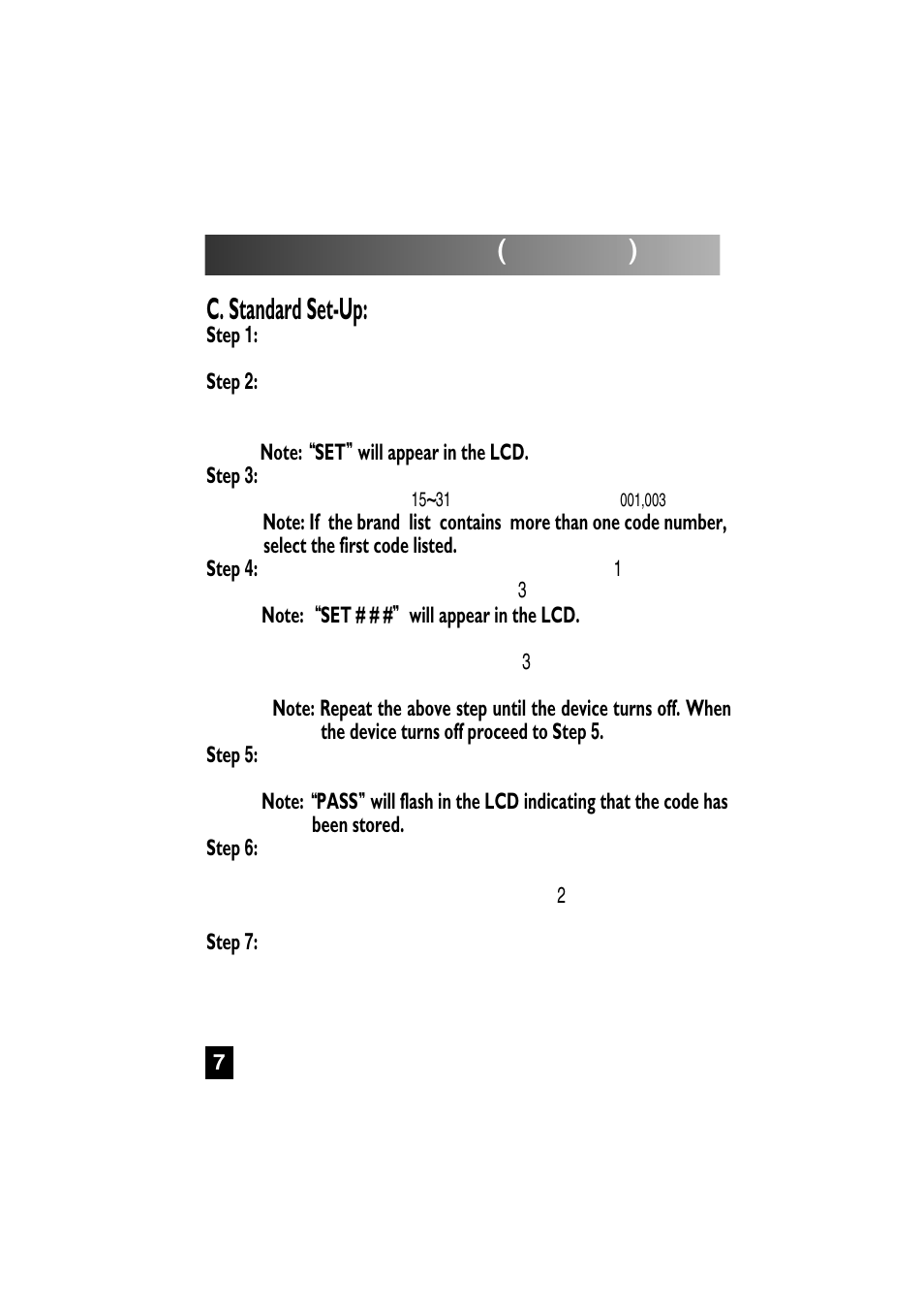 Programming the remote, Continued, C. standard set-up | Universal Remote Control (URS) SL-7000 User Manual | Page 7 / 45