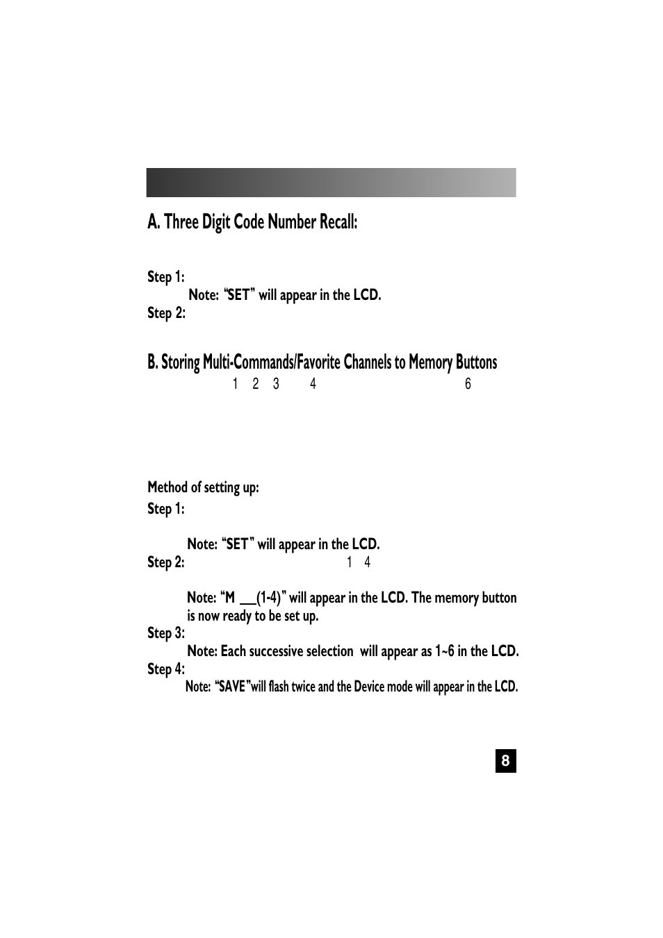 Advanced features, A. three digit code number recall | Universal Remote Control (URS) SL-7000 User Manual | Page 8 / 45