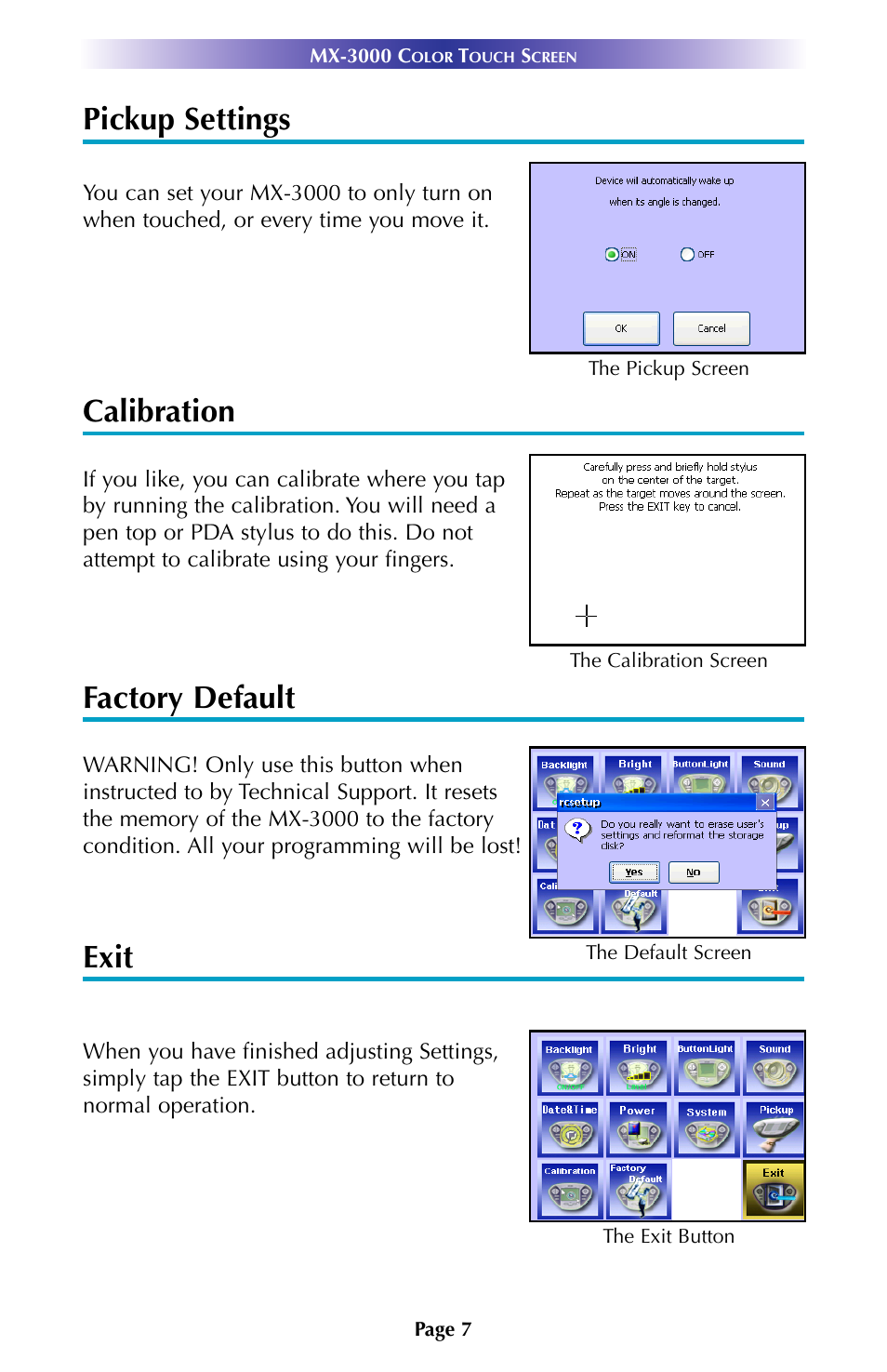 Pickup settings, Calibration, Factory default | Exit | Universal Remote Control (URS) MX-3000 User Manual | Page 10 / 12