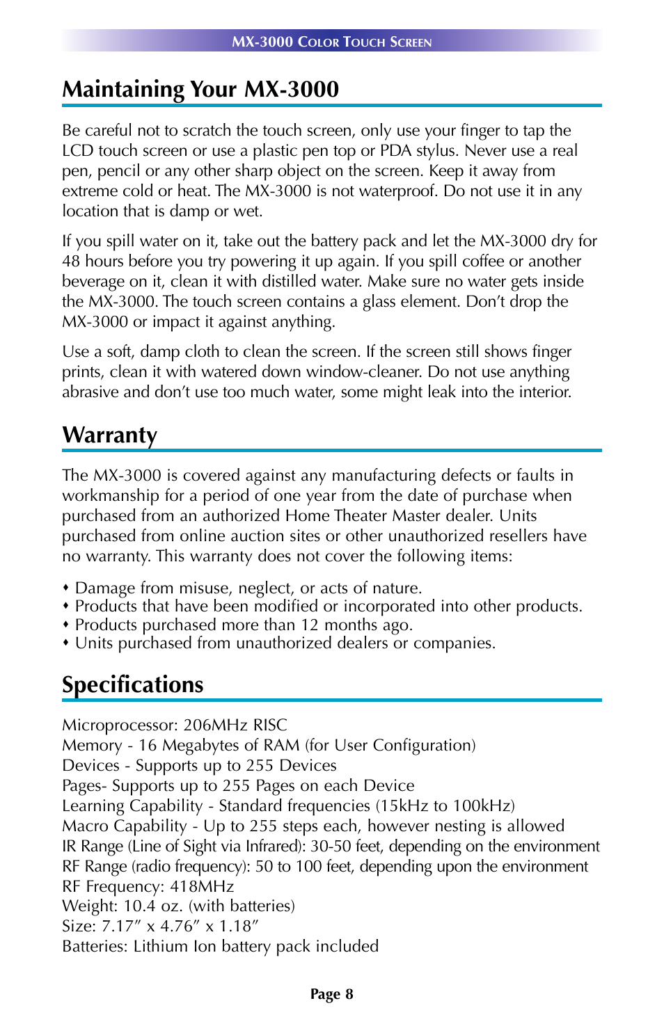 Maintaining your mx-3000, Warranty, Specifications | Universal Remote Control (URS) MX-3000 User Manual | Page 11 / 12