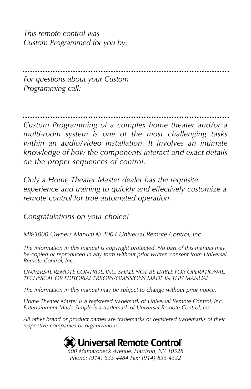 Universal Remote Control (URS) MX-3000 User Manual | Page 2 / 12