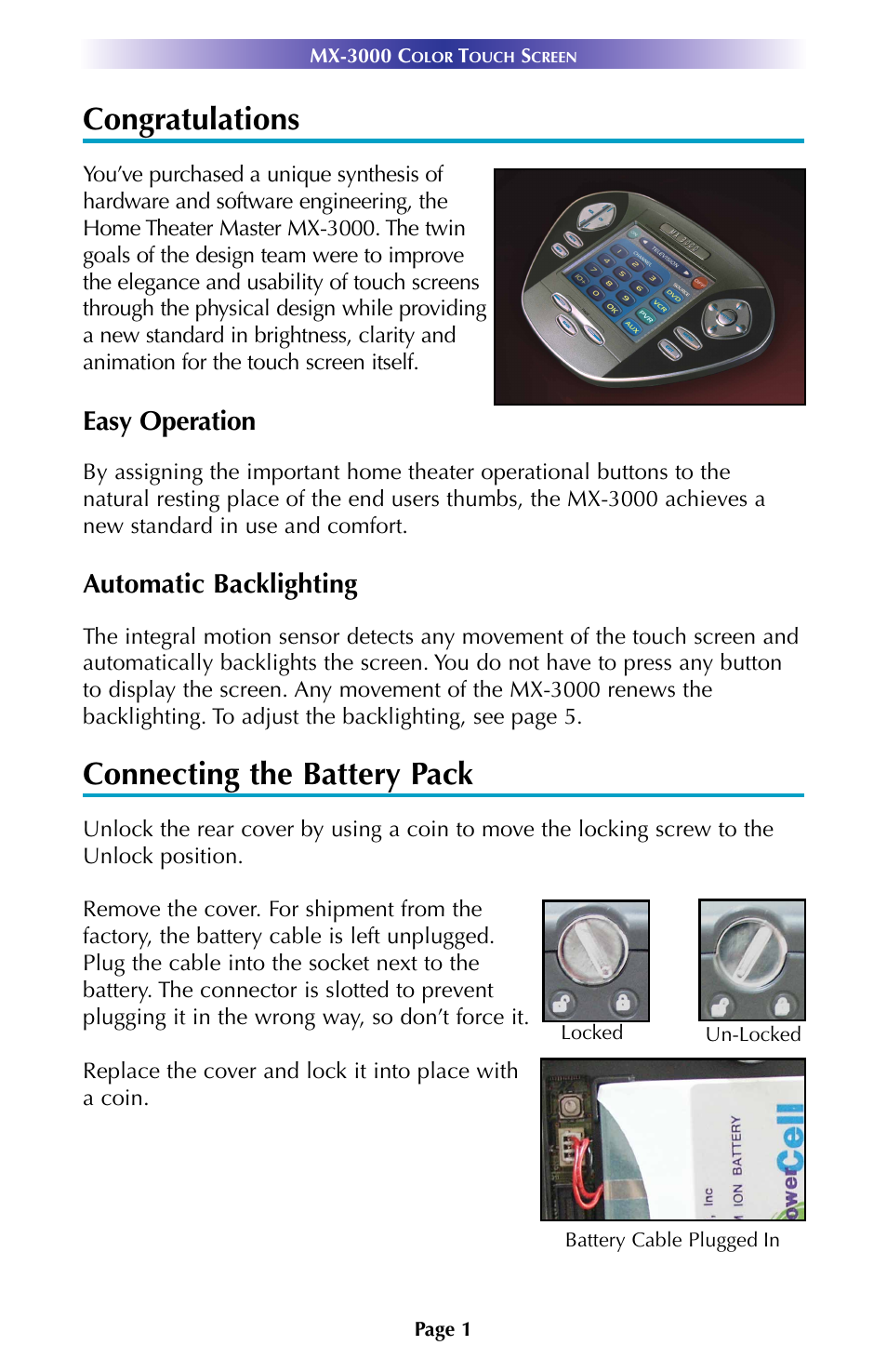 Congratulations, Connecting the battery pack, Easy operation | Automatic backlighting | Universal Remote Control (URS) MX-3000 User Manual | Page 4 / 12