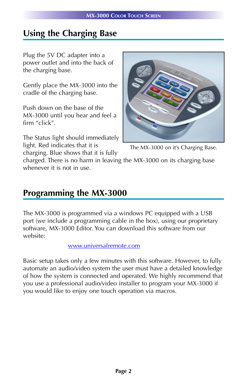 Using the charging base, Programming the mx-3000 | Universal Remote Control (URS) MX-3000 User Manual | Page 5 / 12