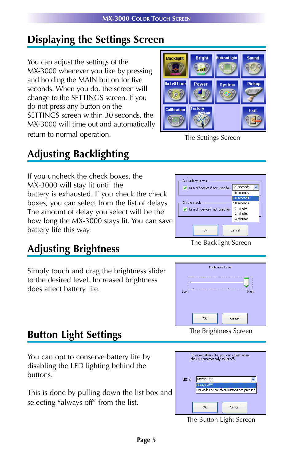 Displaying the settings screen, Adjusting backlighting, Adjusting brightness | Button light settings | Universal Remote Control (URS) MX-3000 User Manual | Page 8 / 12