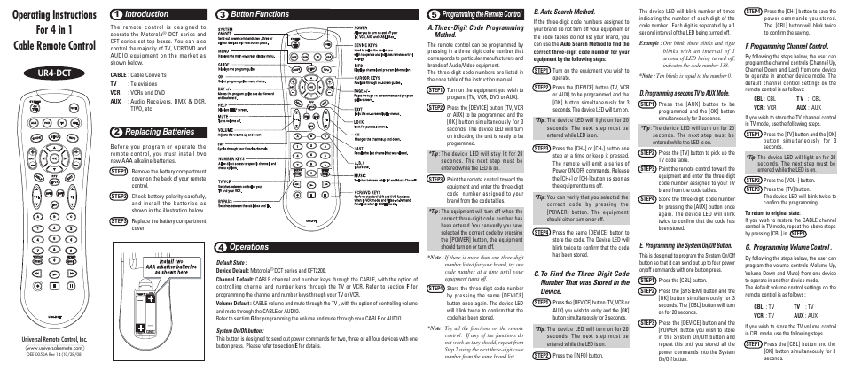 Universal Remote Control (URS) UR4-DCT User Manual | 2 pages