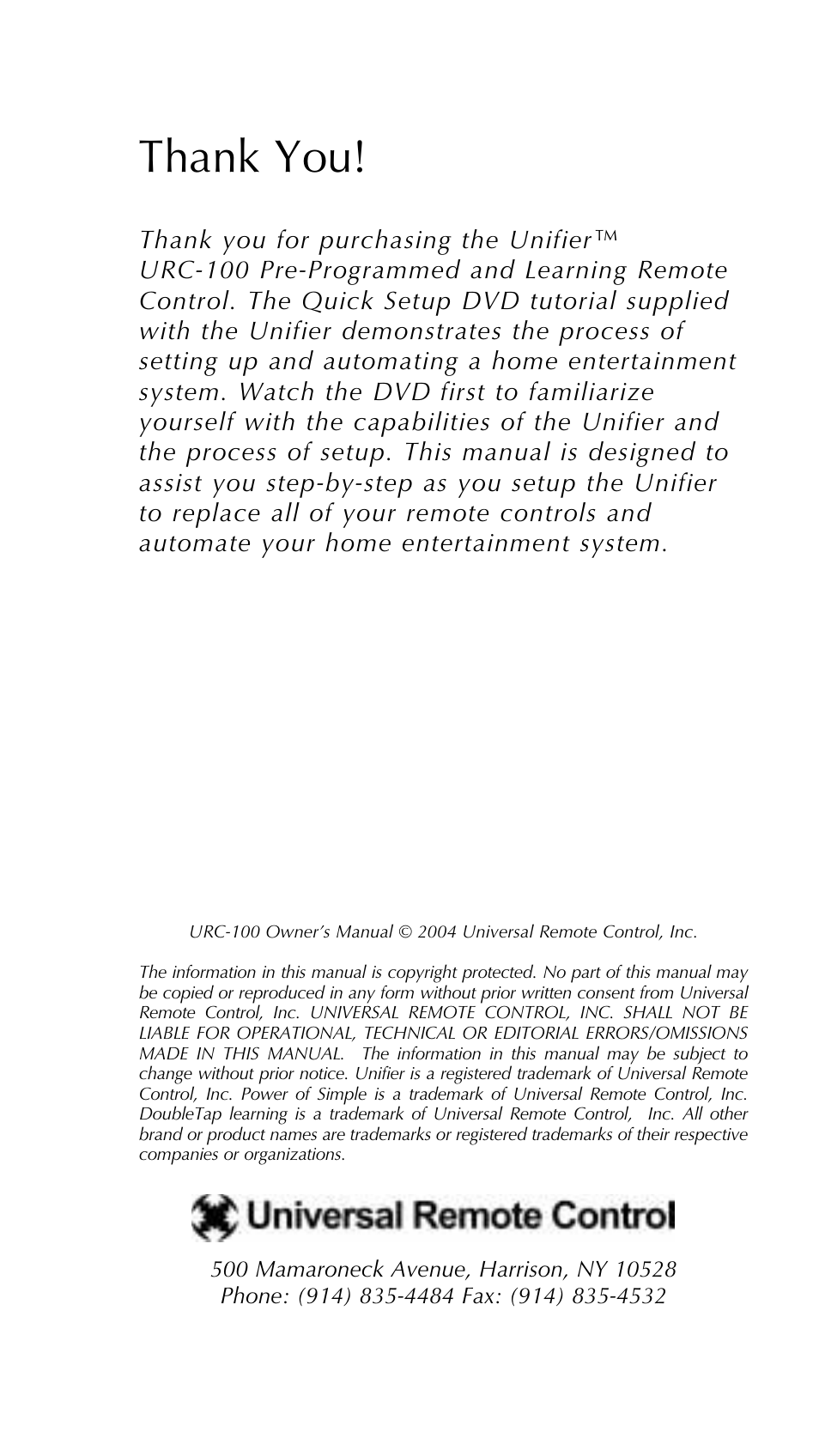 Universal Remote Control (URS) Unifier URC-100 User Manual | Page 2 / 52