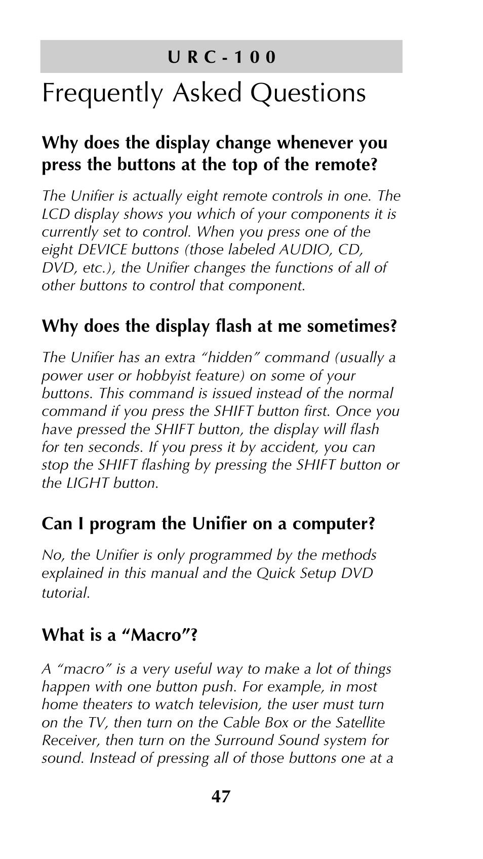 Frequently asked questions | Universal Remote Control (URS) Unifier URC-100 User Manual | Page 49 / 52