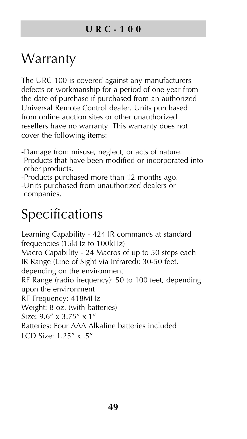 Warranty, Specifications | Universal Remote Control (URS) Unifier URC-100 User Manual | Page 51 / 52