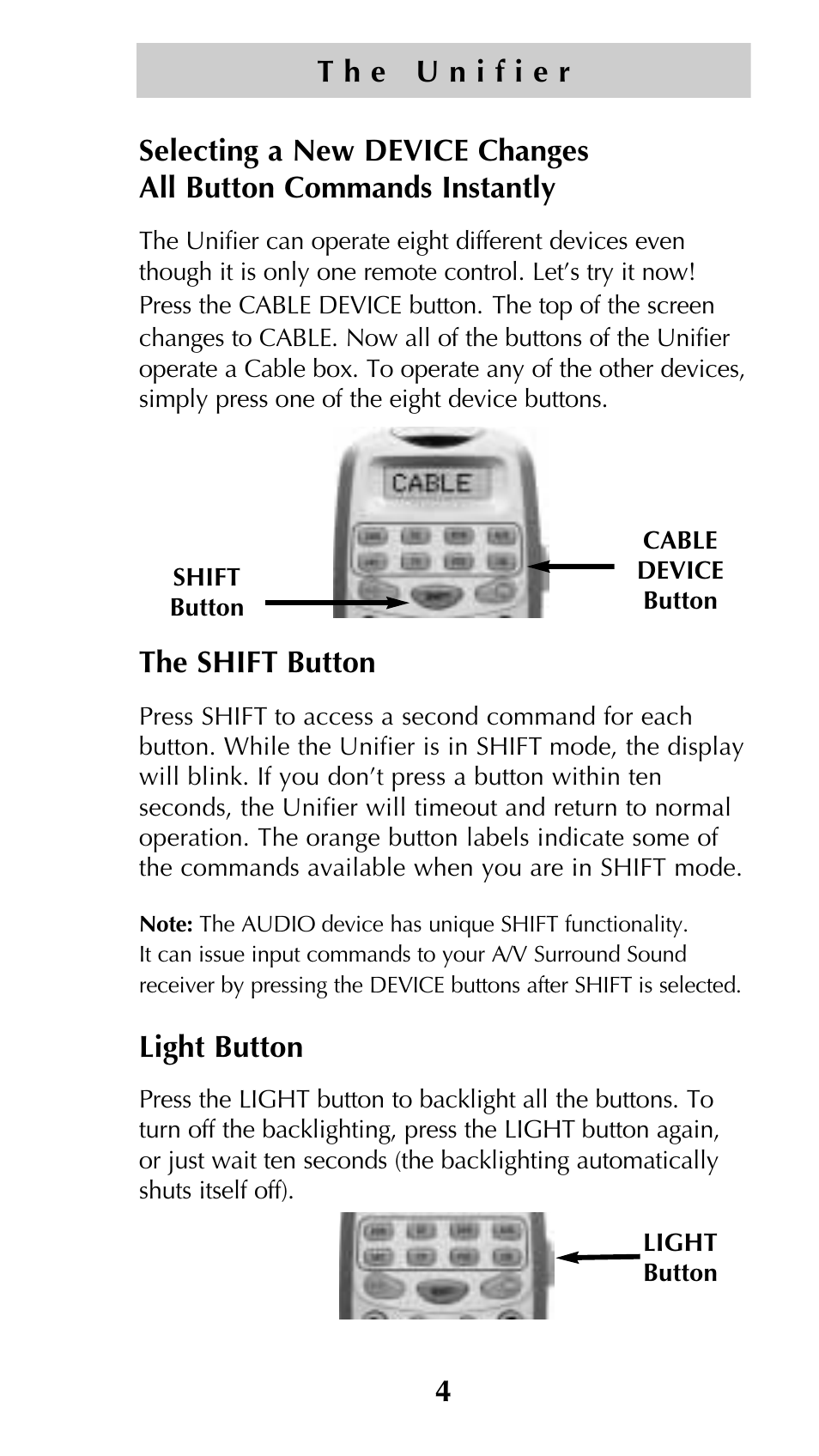 The shift button, Light button | Universal Remote Control (URS) Unifier URC-100 User Manual | Page 6 / 52