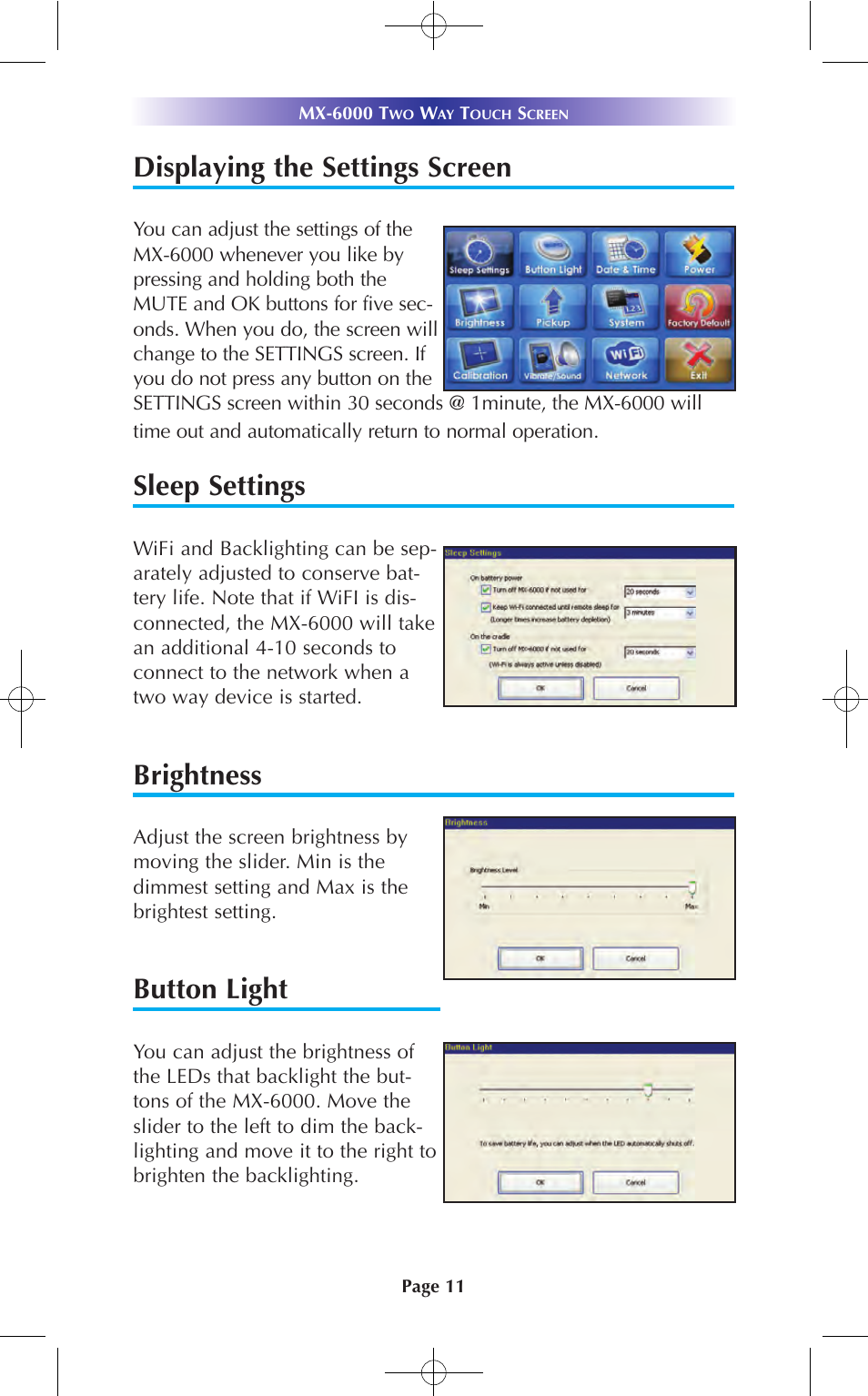 Displaying the settings screen, Sleep settings, Brightness | Button light | Universal Remote Control (URS) MX-6000 User Manual | Page 11 / 19