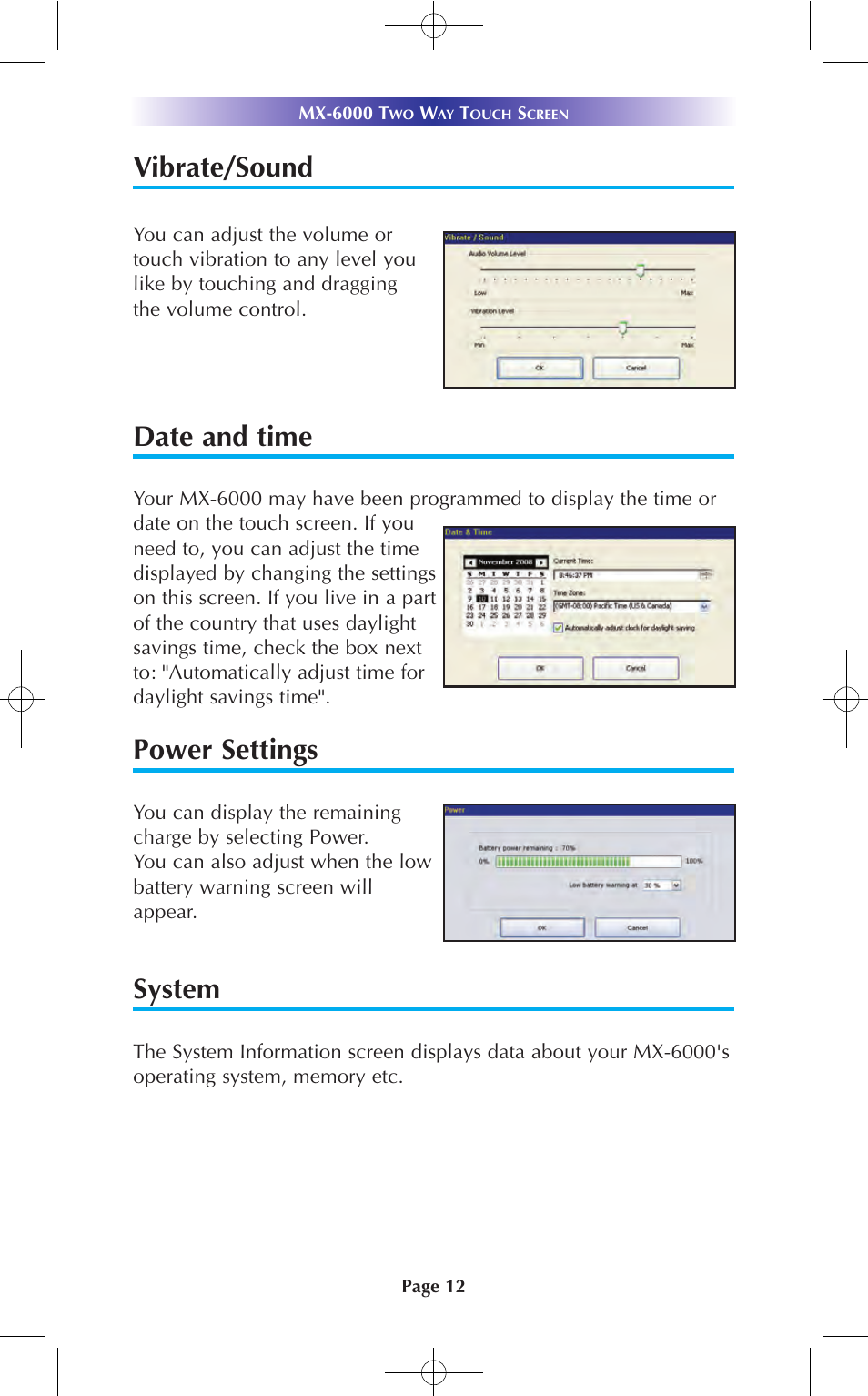 Vibrate/sound, Date and time, Power settings | System | Universal Remote Control (URS) MX-6000 User Manual | Page 12 / 19
