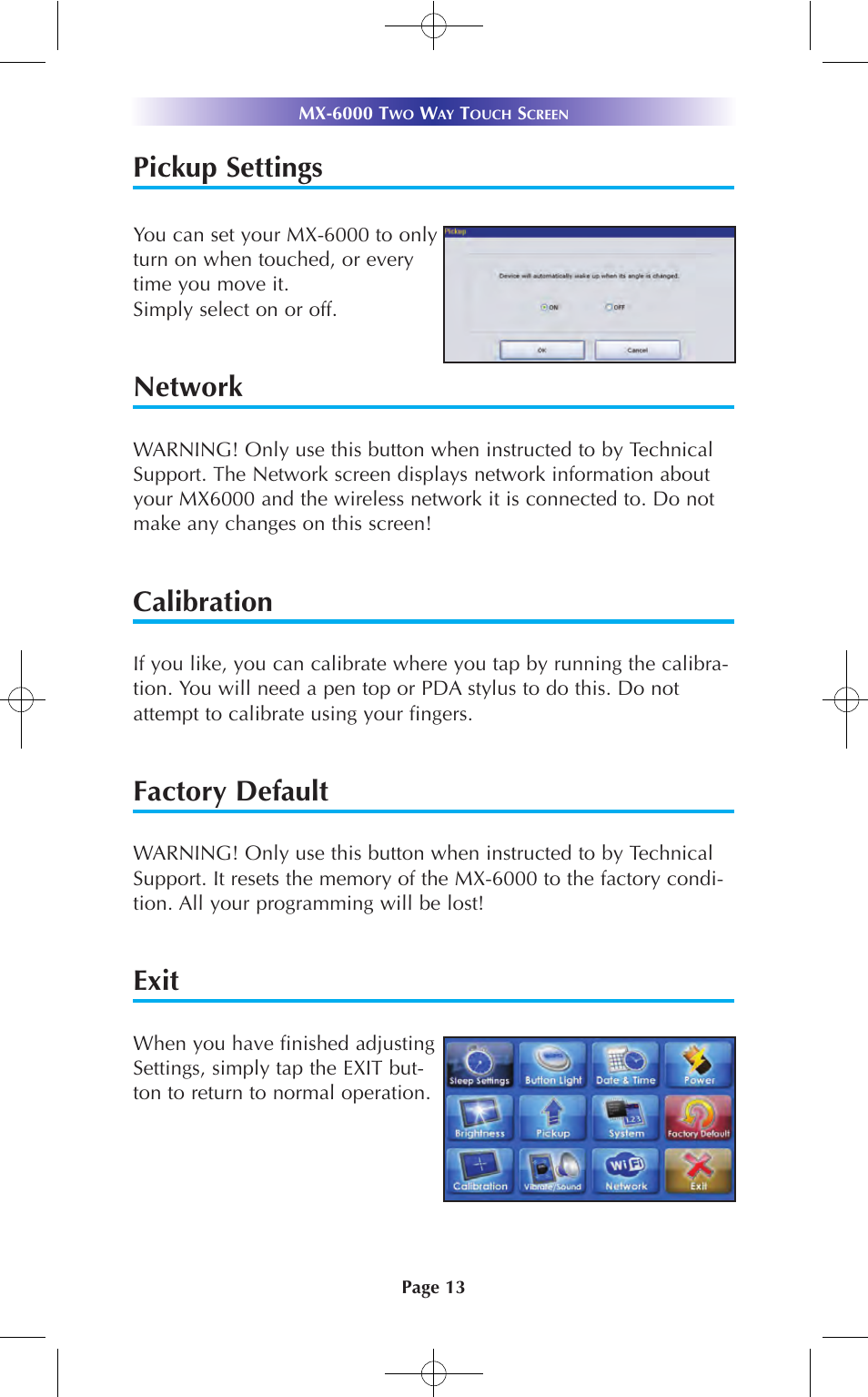 Pickup settings, Network, Calibration | Factory default, Exit | Universal Remote Control (URS) MX-6000 User Manual | Page 13 / 19