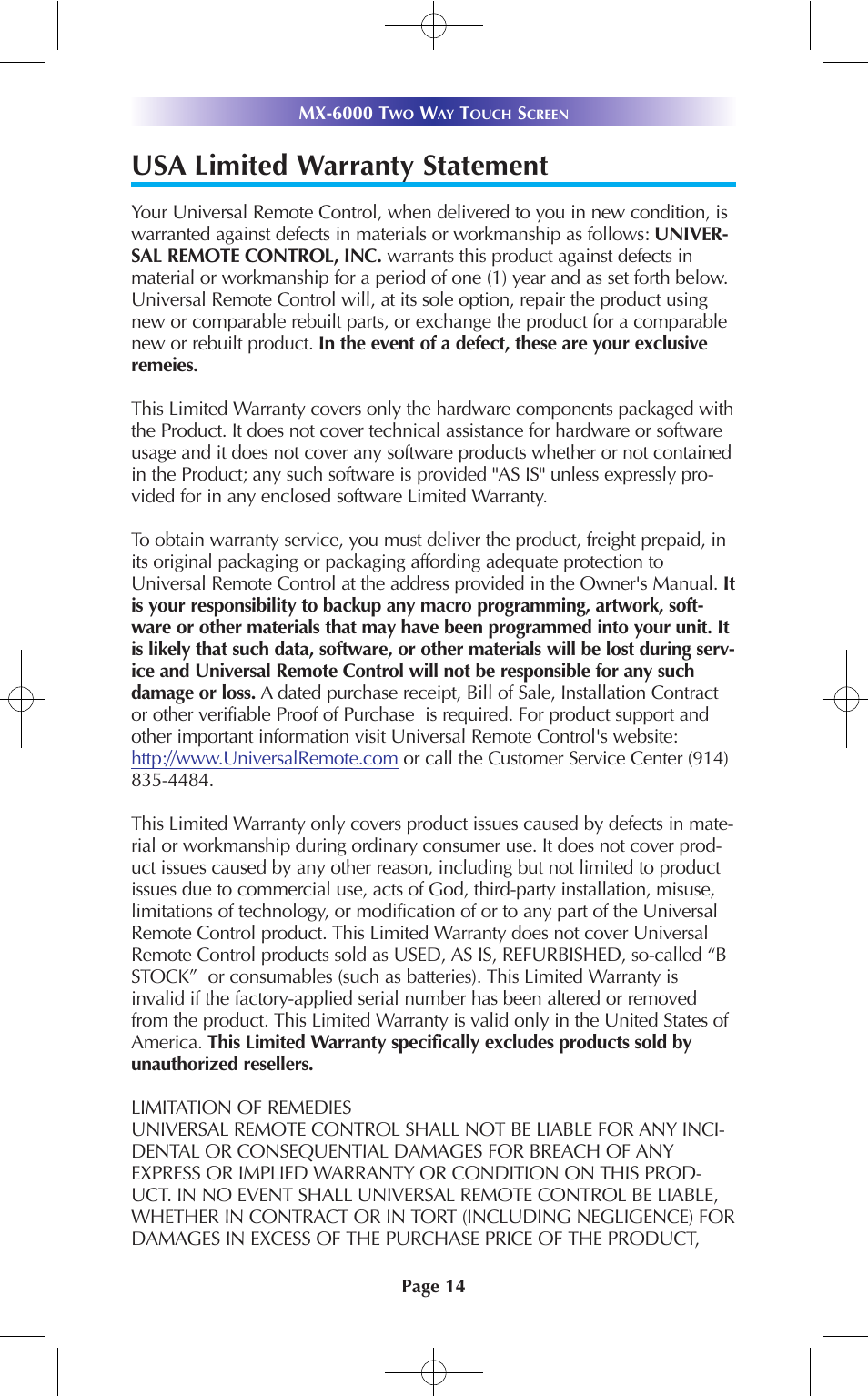 Usa limited warranty statement | Universal Remote Control (URS) MX-6000 User Manual | Page 14 / 19