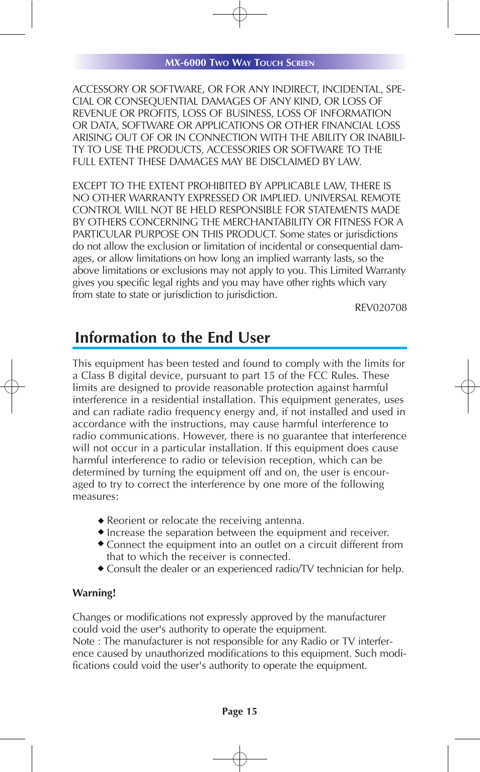 Information to the end user | Universal Remote Control (URS) MX-6000 User Manual | Page 15 / 19