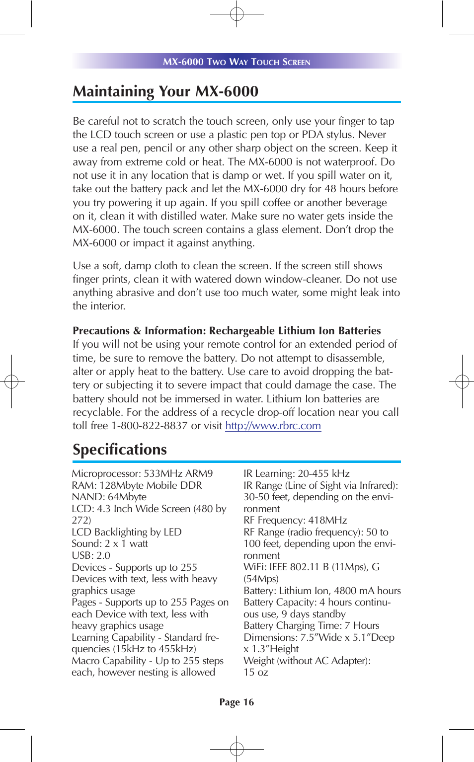 Maintaining your mx-6000, Specifications | Universal Remote Control (URS) MX-6000 User Manual | Page 16 / 19