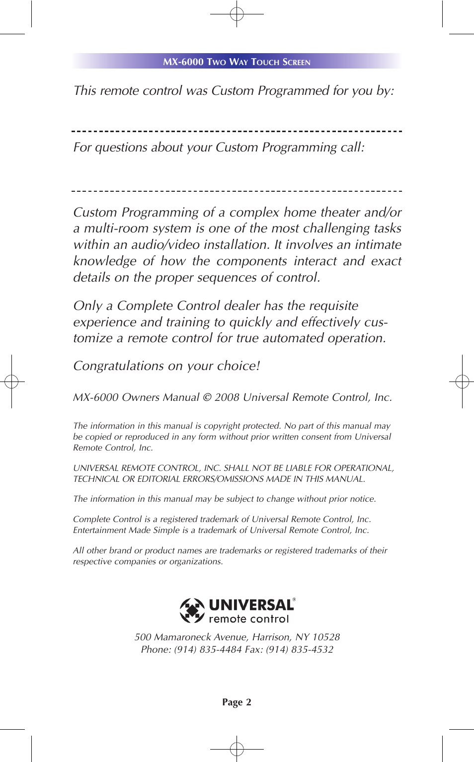 Universal Remote Control (URS) MX-6000 User Manual | Page 2 / 19