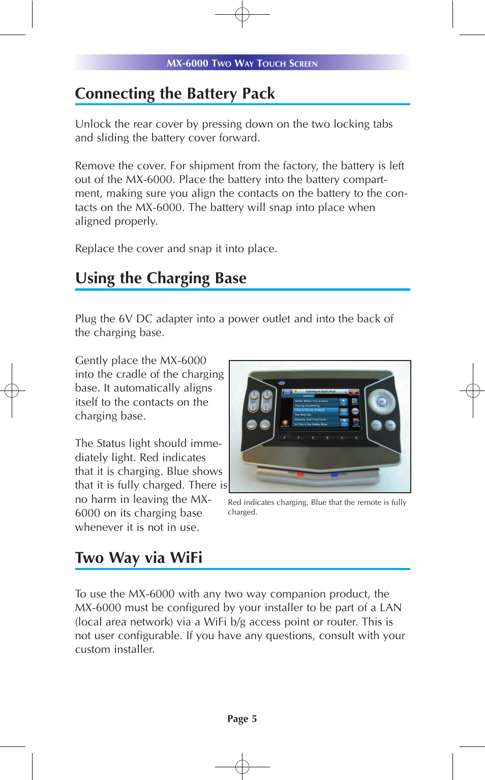 Connecting the battery pack, Using the charging base, Two way via wifi | Universal Remote Control (URS) MX-6000 User Manual | Page 5 / 19