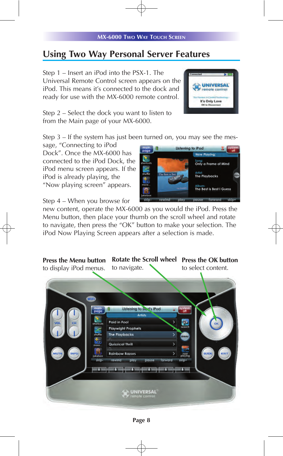 Using two way personal server features | Universal Remote Control (URS) MX-6000 User Manual | Page 8 / 19