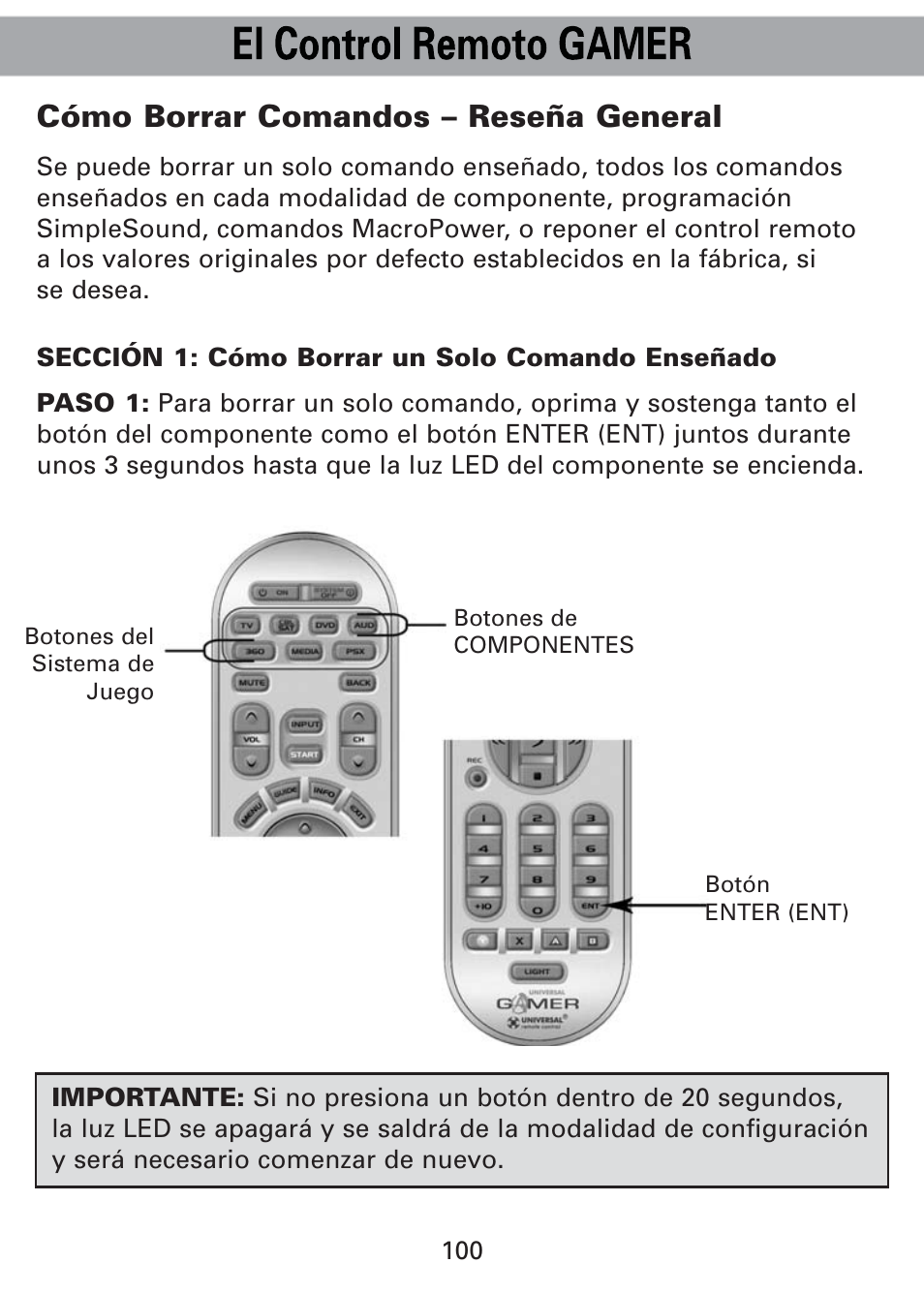 Cómo borrar comandos – reseña general | Universal Remote Control (URS) Universl Remote User Manual | Page 104 / 112