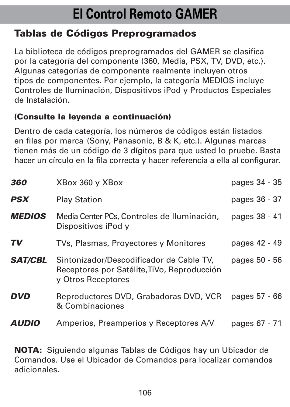 Tablas de códigos preprogramados | Universal Remote Control (URS) Universl Remote User Manual | Page 110 / 112