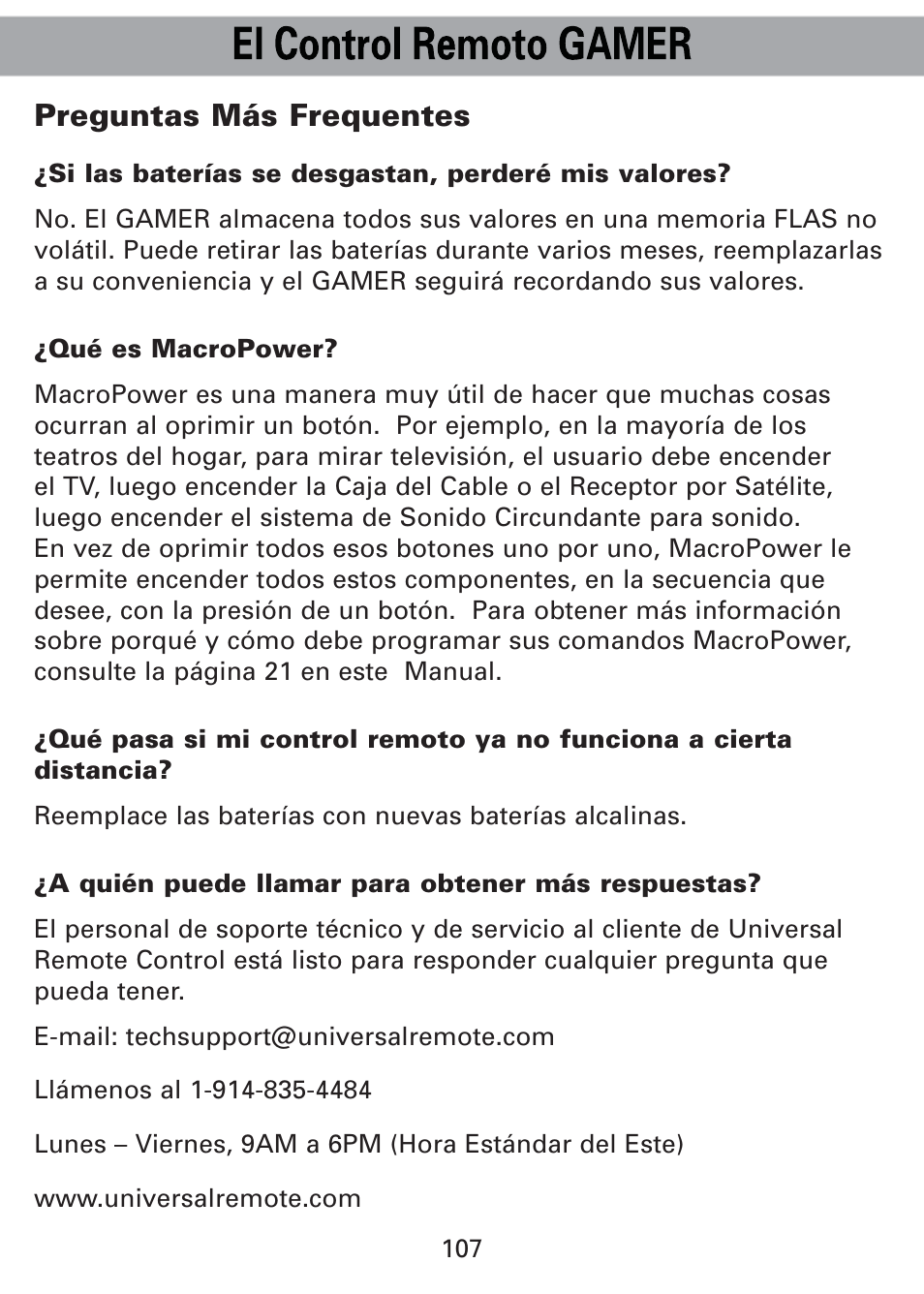 Preguntas más frequentes | Universal Remote Control (URS) Universl Remote User Manual | Page 111 / 112