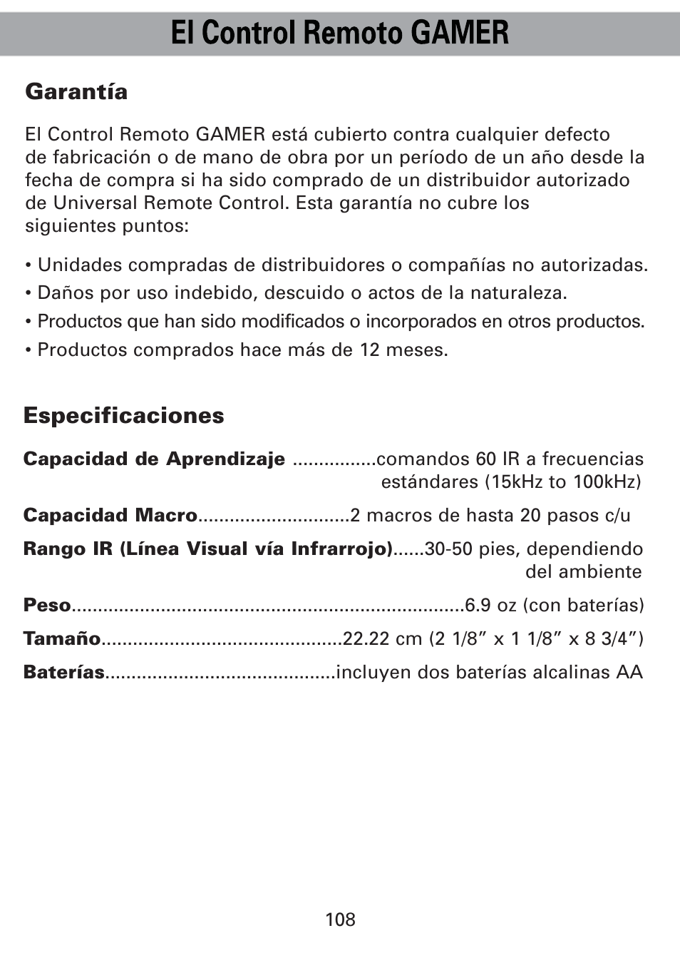 Garantía, Especificaciones | Universal Remote Control (URS) Universl Remote User Manual | Page 112 / 112