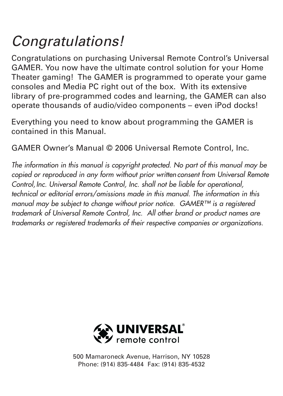 Universal Remote Control (URS) Universl Remote User Manual | Page 2 / 112