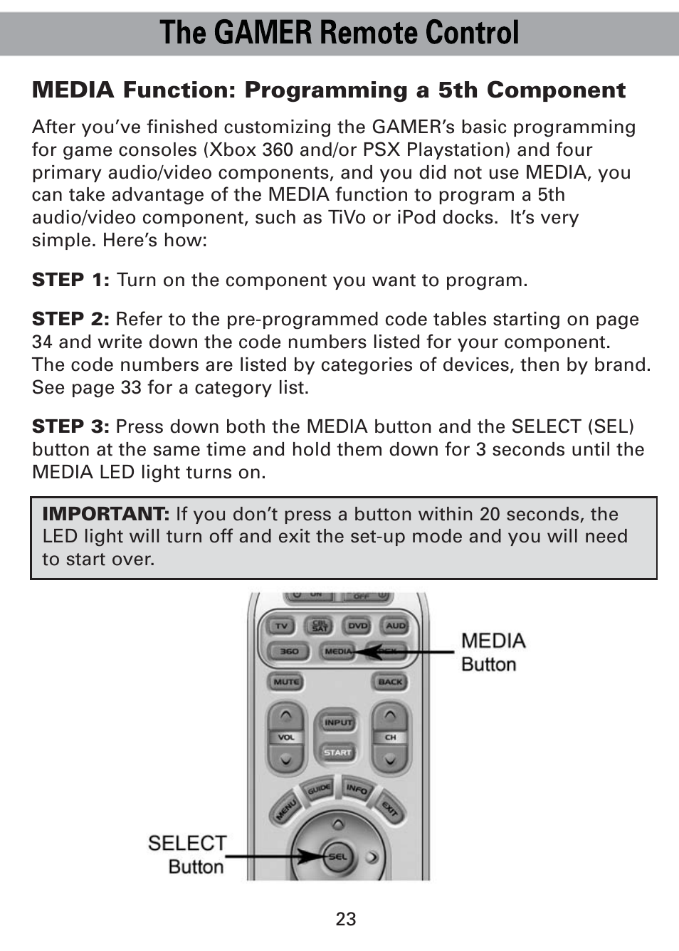 Media function: programming a 5th component | Universal Remote Control (URS) Universl Remote User Manual | Page 25 / 112