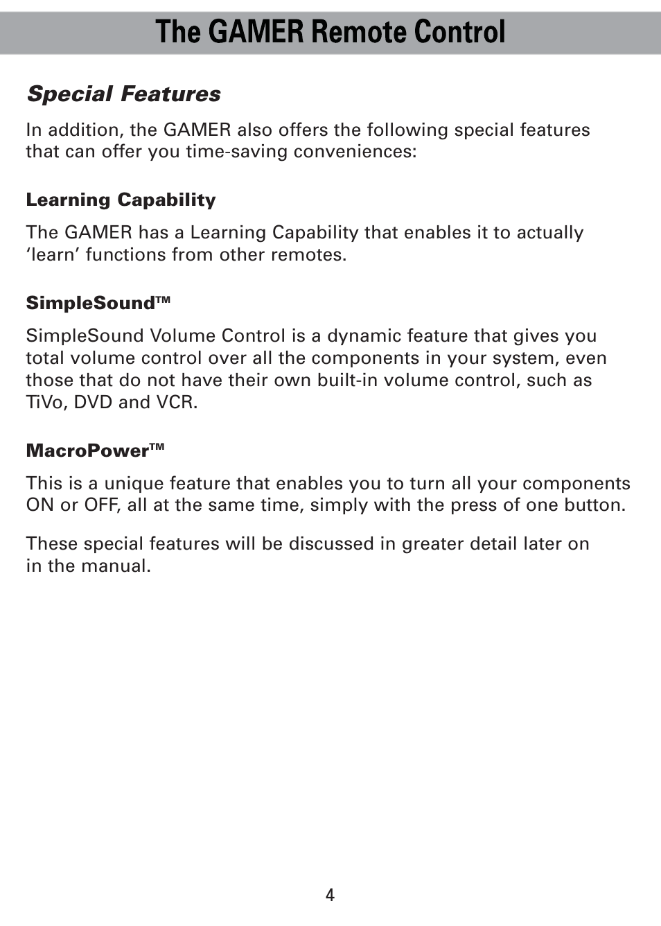 Special features | Universal Remote Control (URS) Universl Remote User Manual | Page 6 / 112