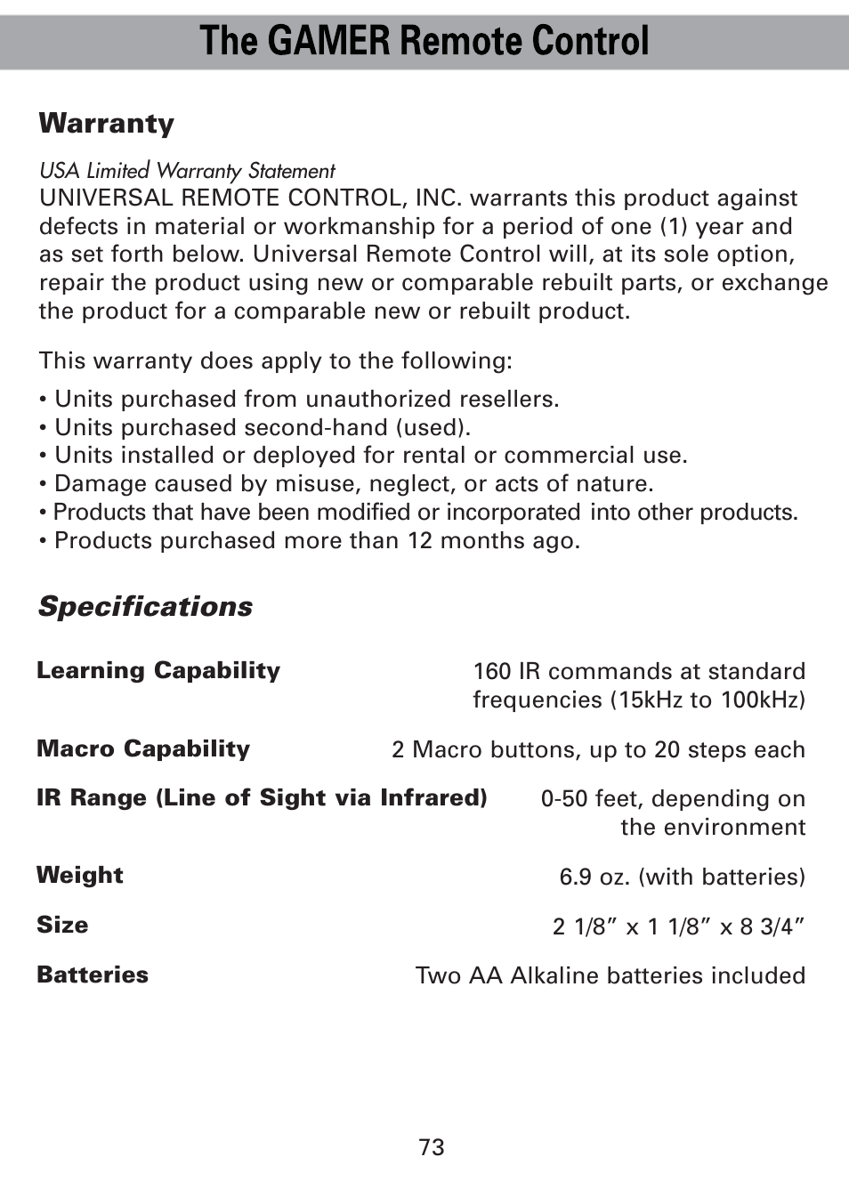 Specifications, Warranty | Universal Remote Control (URS) Universl Remote User Manual | Page 75 / 112