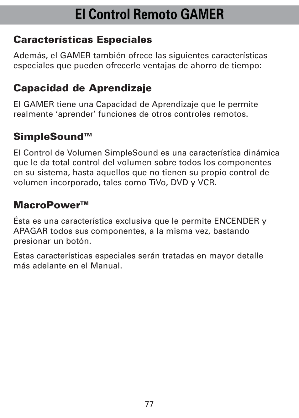 Características especiales, Capacidad de aprendizaje, Simplesound | Macropower | Universal Remote Control (URS) Universl Remote User Manual | Page 81 / 112