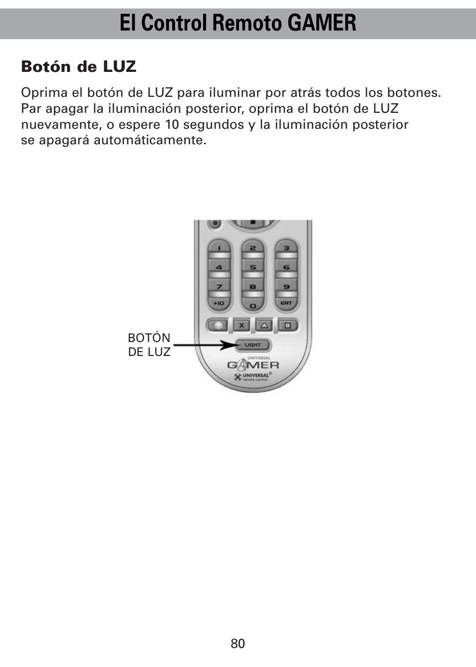 Botón de luz | Universal Remote Control (URS) Universl Remote User Manual | Page 84 / 112