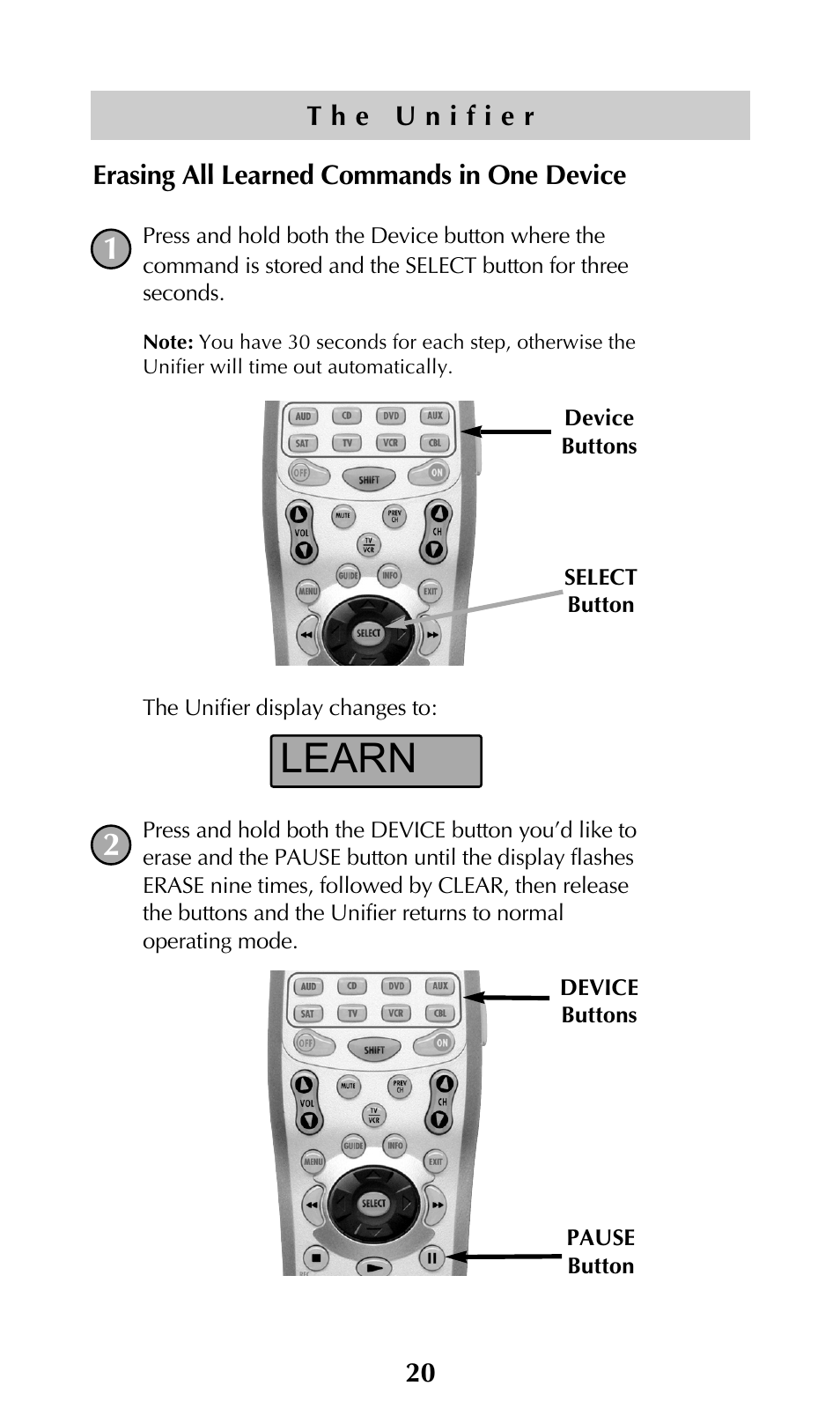 Learn | Universal Remote Control (URS) UNIFIERTM URC-100 User Manual | Page 22 / 56