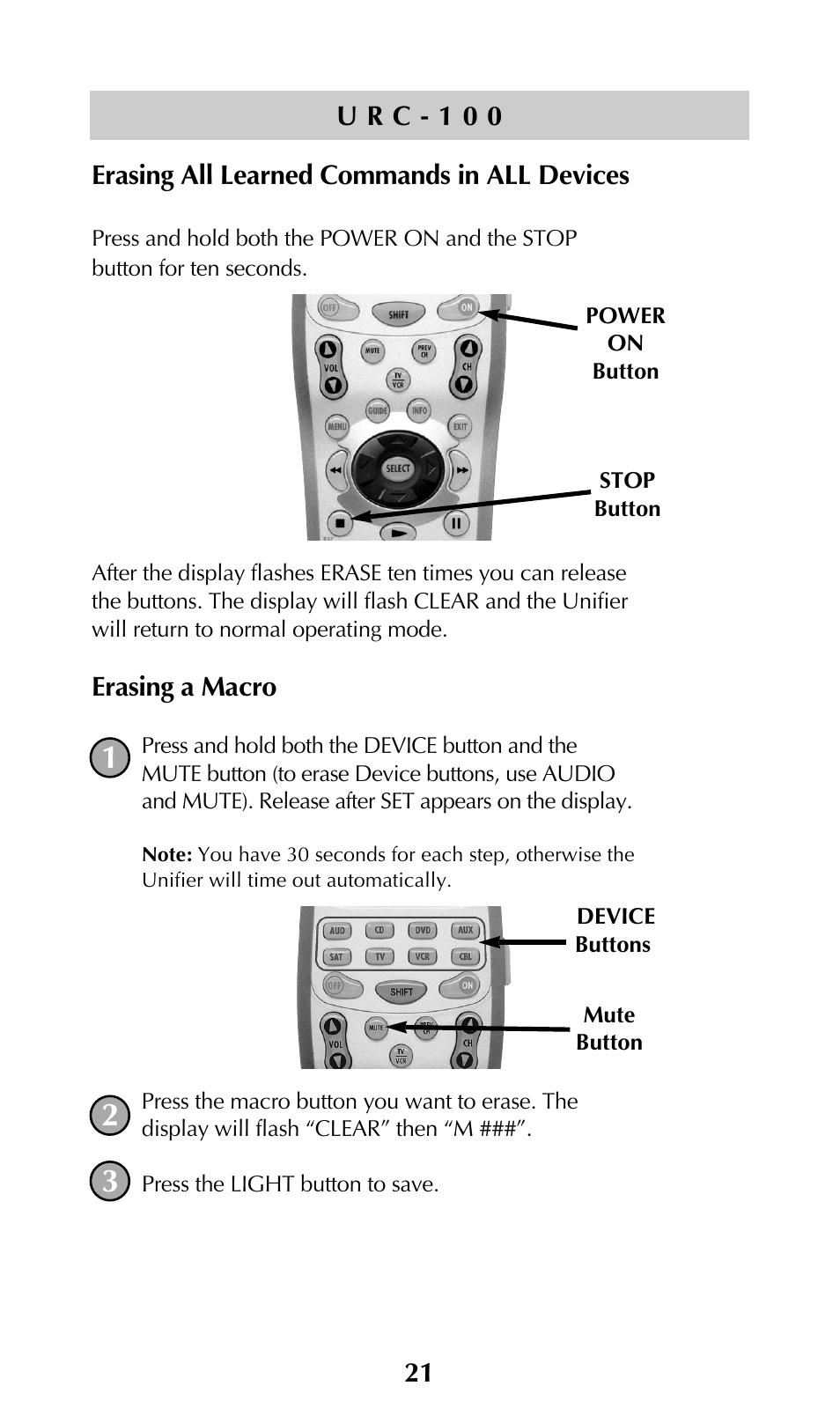 Erasing a macro | Universal Remote Control (URS) UNIFIERTM URC-100 User Manual | Page 23 / 56