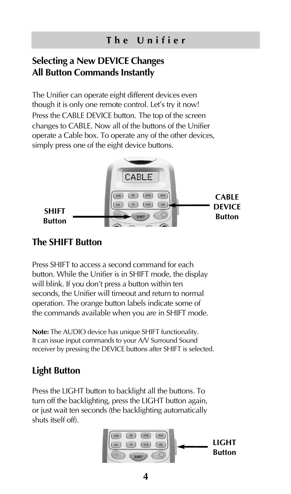 The shift button, Light button | Universal Remote Control (URS) UNIFIERTM URC-100 User Manual | Page 6 / 56