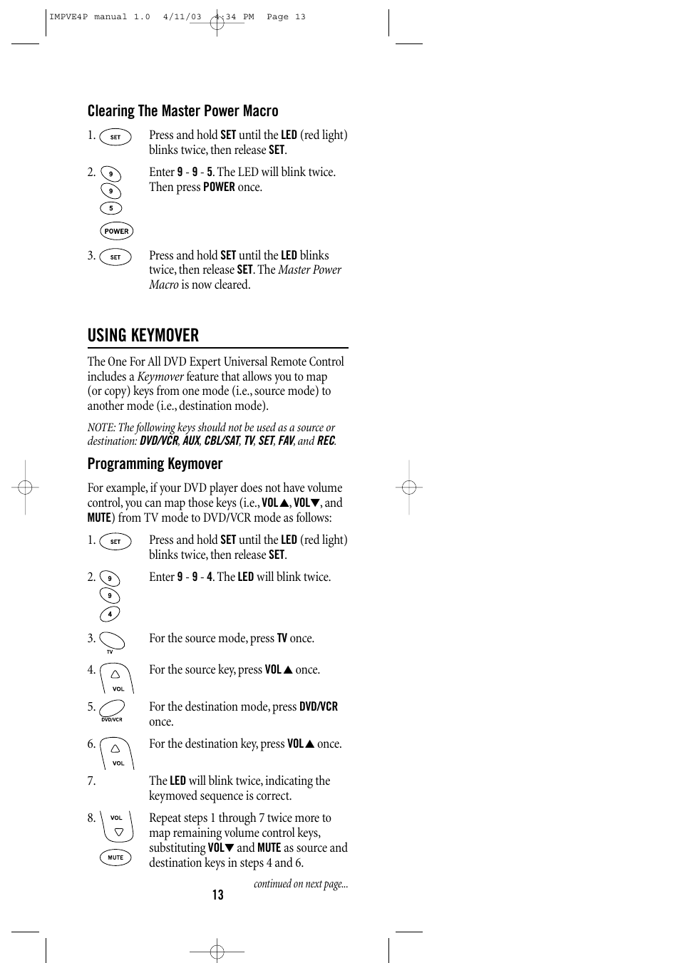 Using keymover, Clearing the master power macro, Programming keymover | Universal Remote Control (URS) URC-4041 User Manual | Page 13 / 36