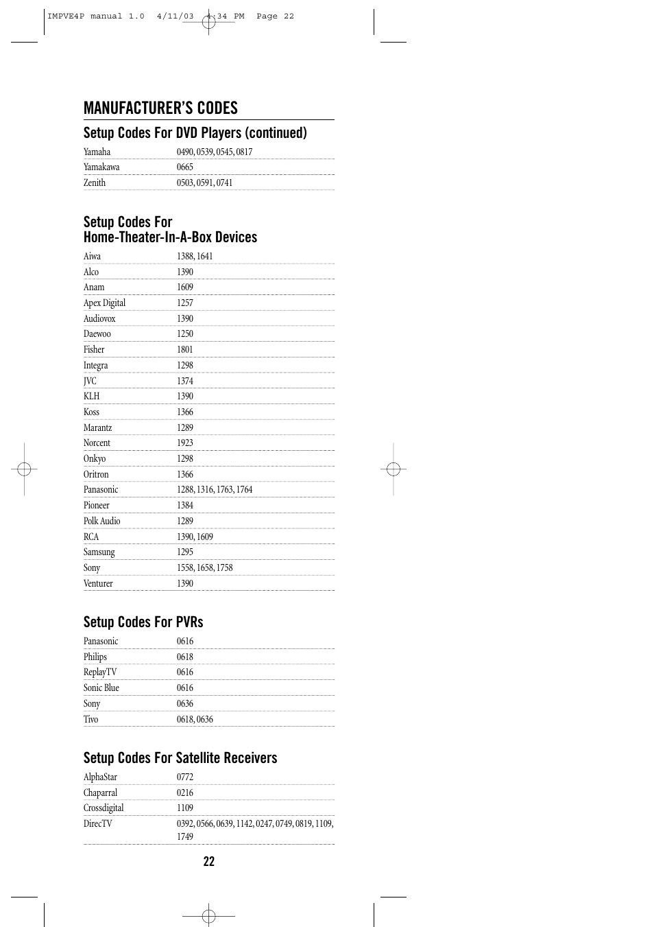 Manufacturer’s codes, Setup codes for dvd players (continued), Setup codes for home-theater-in-a-box devices | Setup codes for pvrs, Setup codes for satellite receivers | Universal Remote Control (URS) URC-4041 User Manual | Page 22 / 36