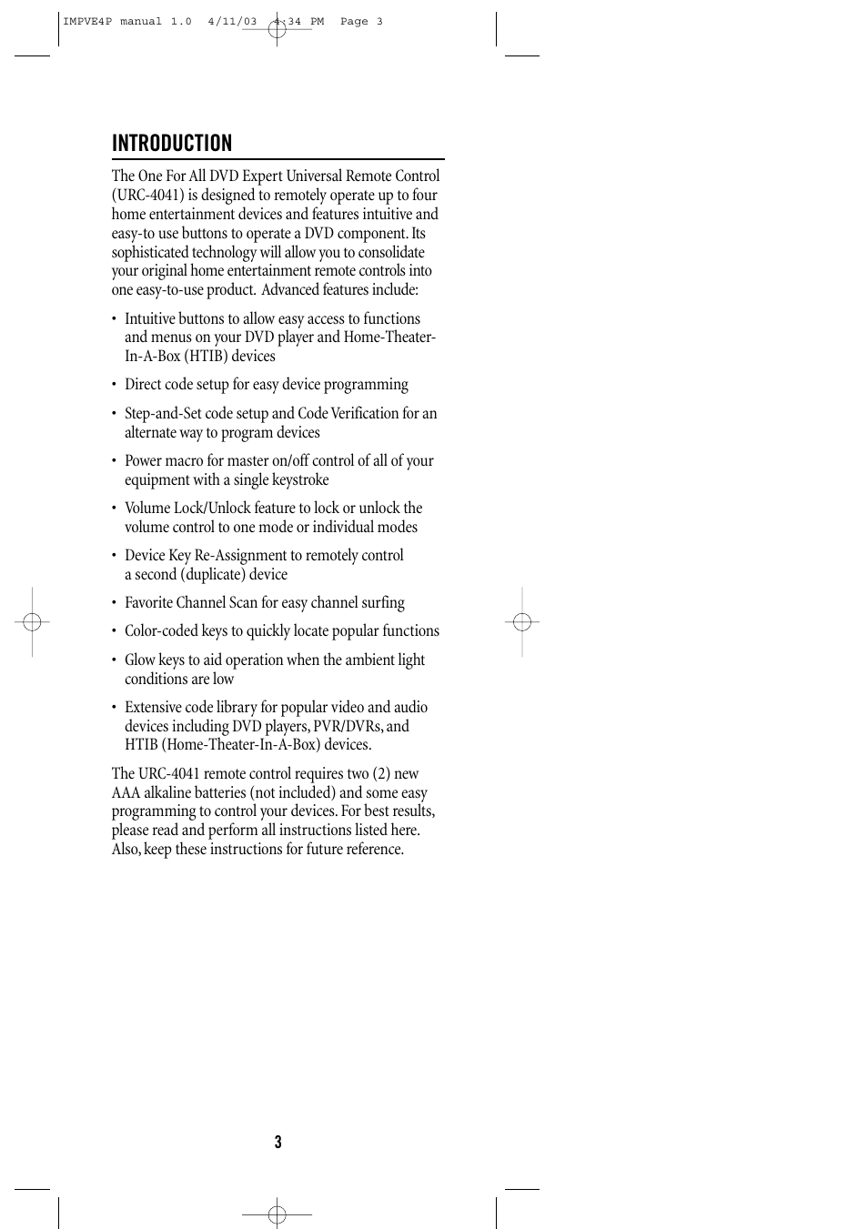 Introduction | Universal Remote Control (URS) URC-4041 User Manual | Page 3 / 36