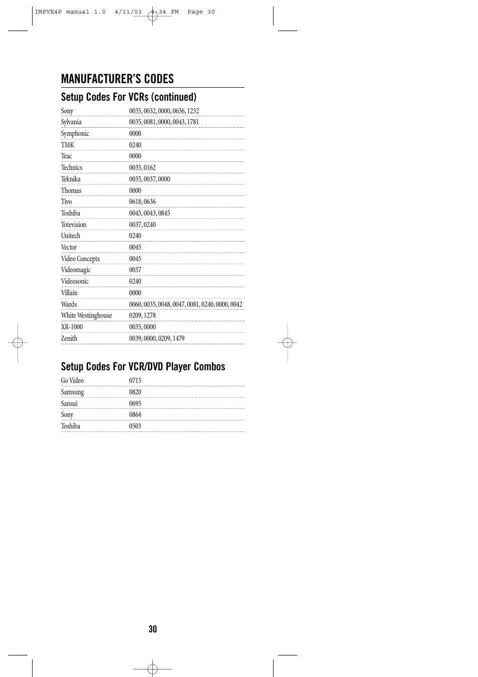 Manufacturer’s codes, Setup codes for vcrs (continued), Setup codes for vcr/dvd player combos | Universal Remote Control (URS) URC-4041 User Manual | Page 30 / 36