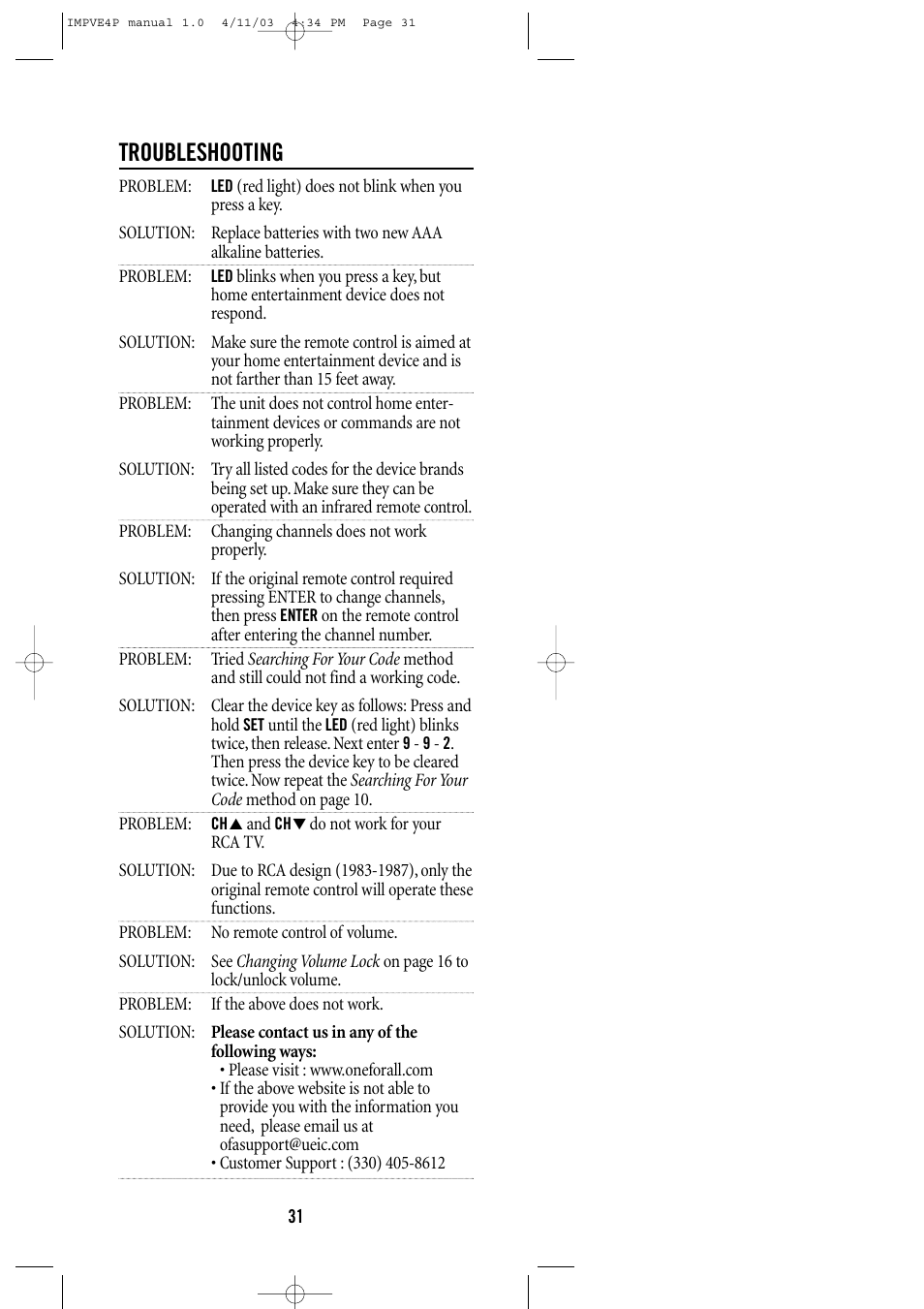 Troubleshooting | Universal Remote Control (URS) URC-4041 User Manual | Page 31 / 36
