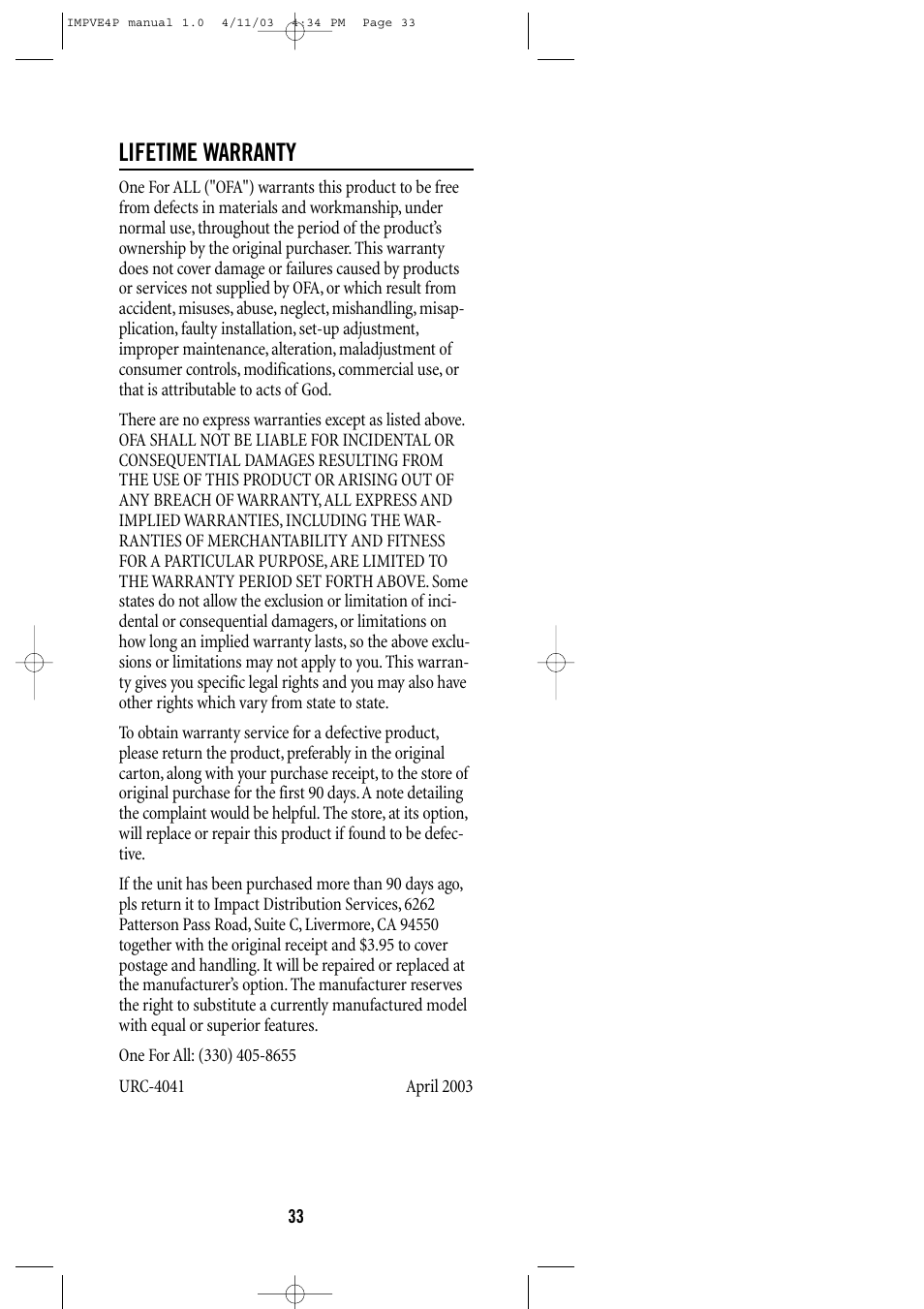 Lifetime warranty | Universal Remote Control (URS) URC-4041 User Manual | Page 33 / 36