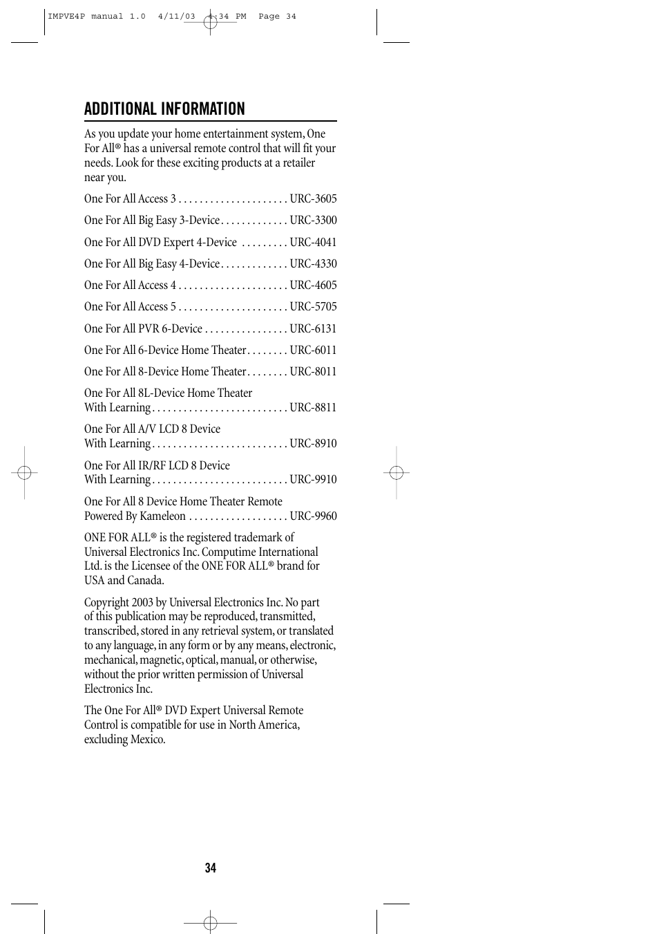 Additional information | Universal Remote Control (URS) URC-4041 User Manual | Page 34 / 36