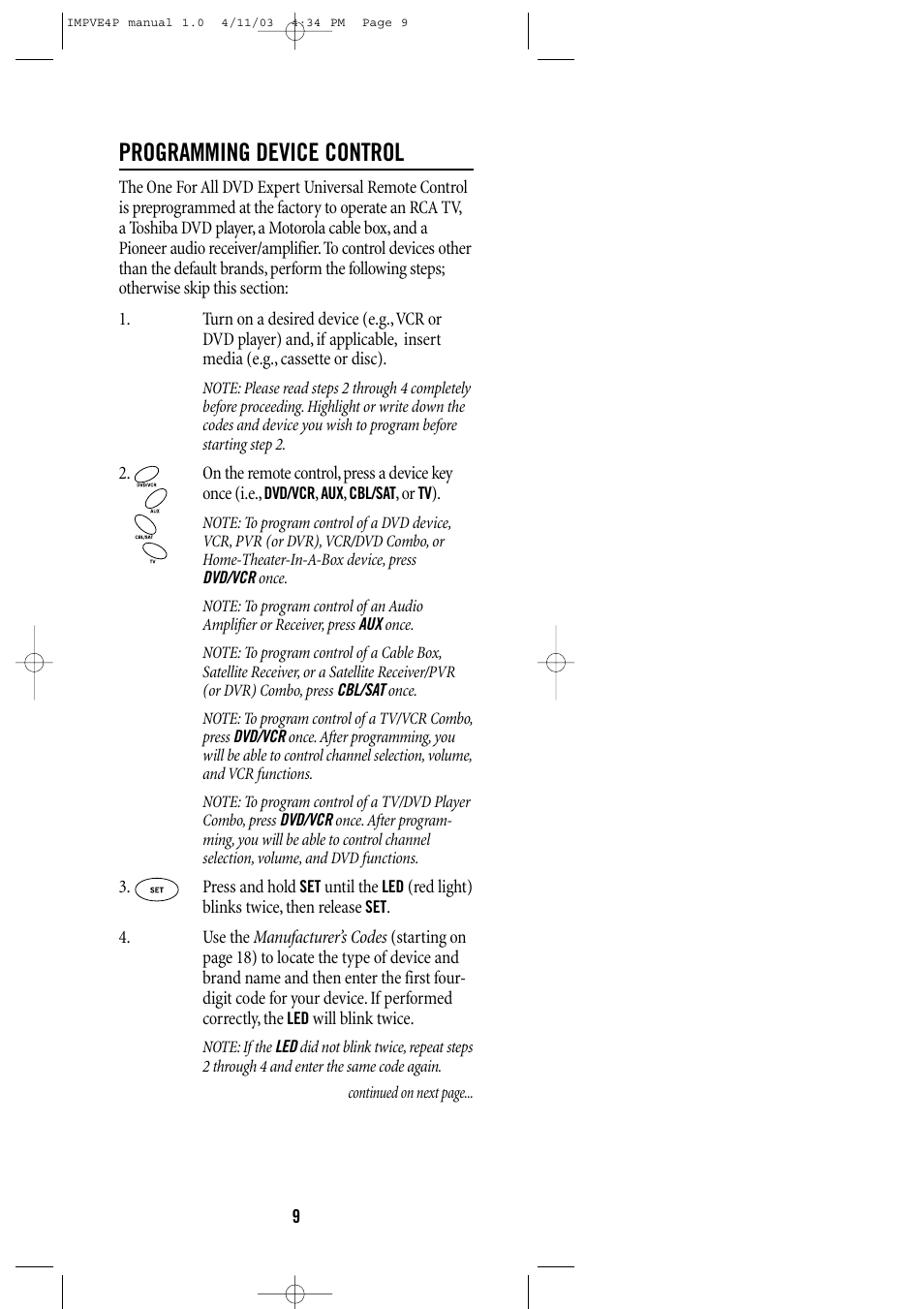 Programming device control | Universal Remote Control (URS) URC-4041 User Manual | Page 9 / 36