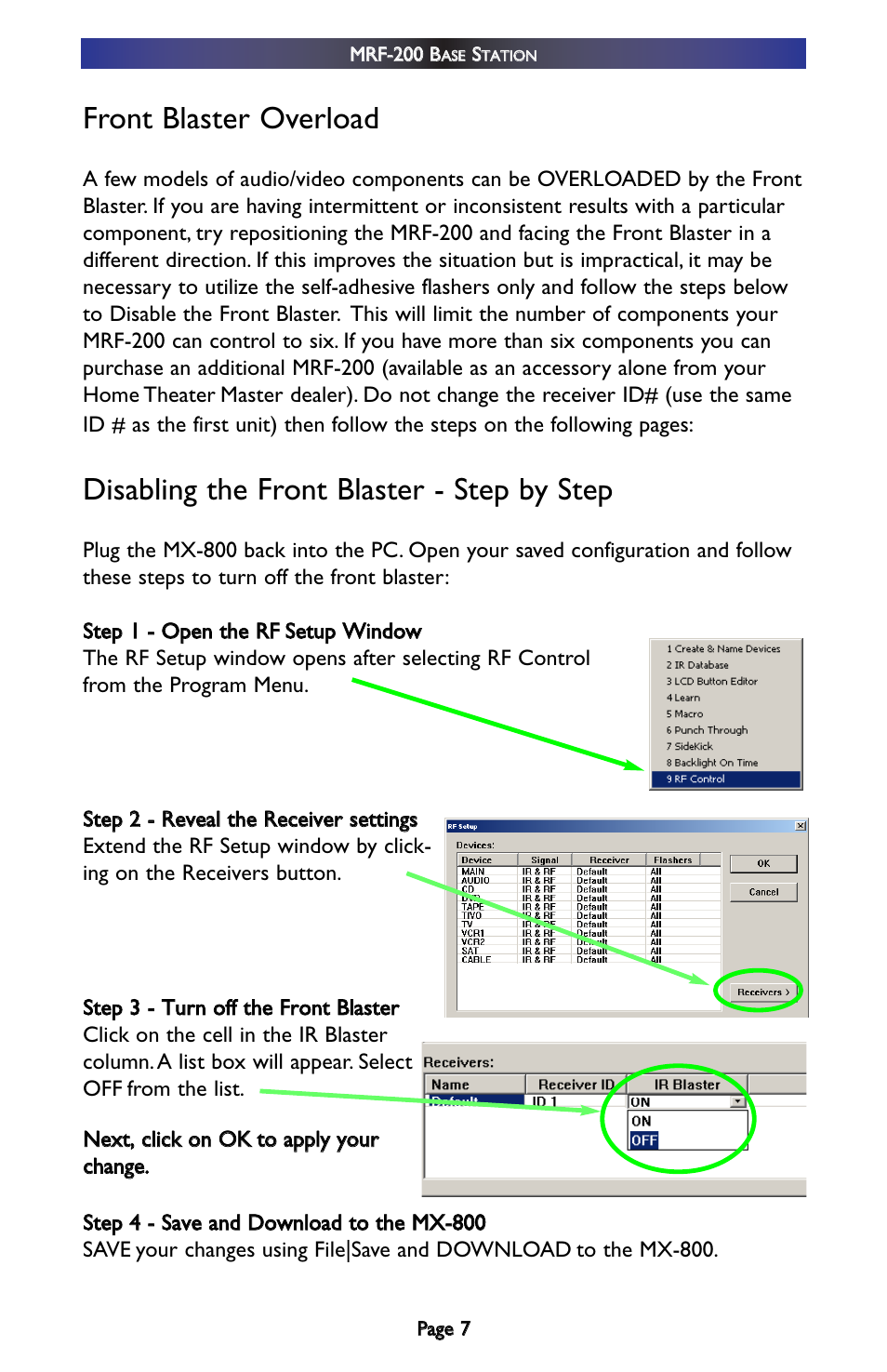 Front blaster overload, Disabling the front blaster - step by step | Universal Remote Control (URS) MRF-200 User Manual | Page 10 / 16