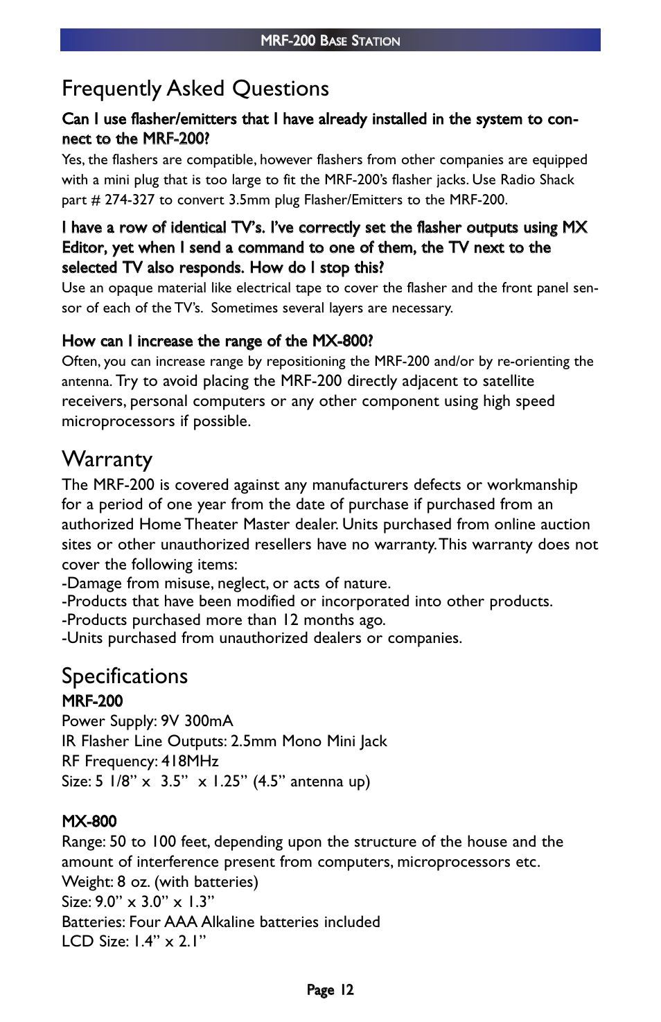 Frequently asked questions, Warranty, Specifications | Universal Remote Control (URS) MRF-200 User Manual | Page 15 / 16